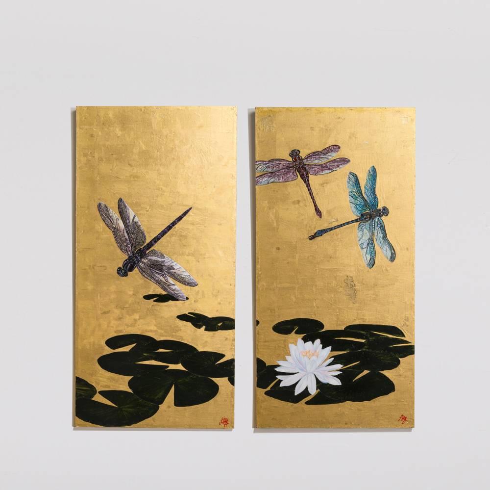 A large goldleafed panel titled dragons on golden pond by Lily Lewis 2009.

Shown with panels ref L5688, L5689 and L5691.

NB: These items are subject to a further discount over and above the trade when exported outside the EU of 10%