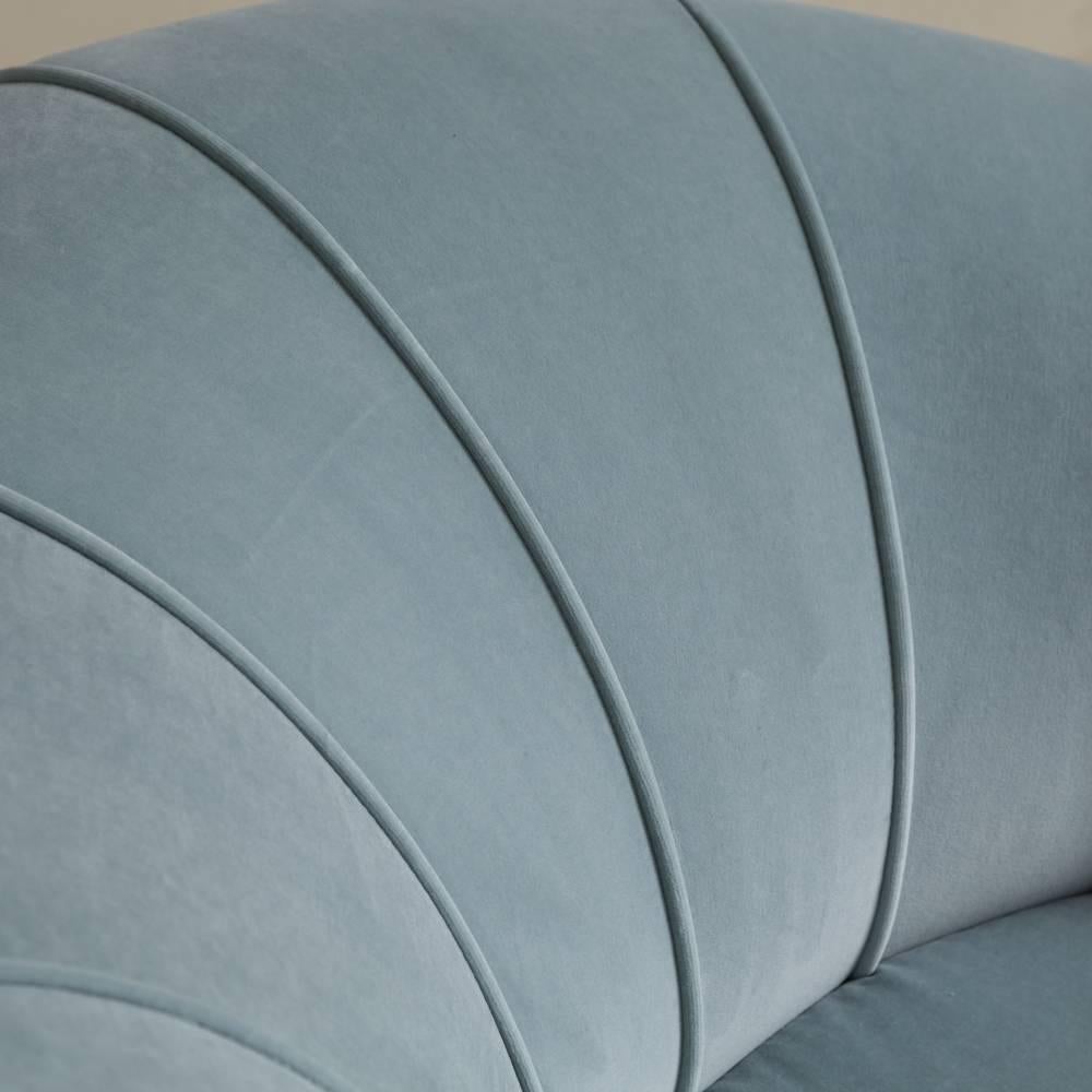 Late 20th Century Pair of Shell Back Soft Blue Velvet Upholstered Swivel Chairs, 1970s For Sale