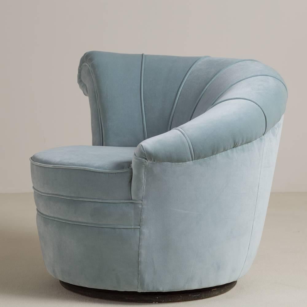 Pair of Shell Back Soft Blue Velvet Upholstered Swivel Chairs, 1970s In Excellent Condition For Sale In London, GB