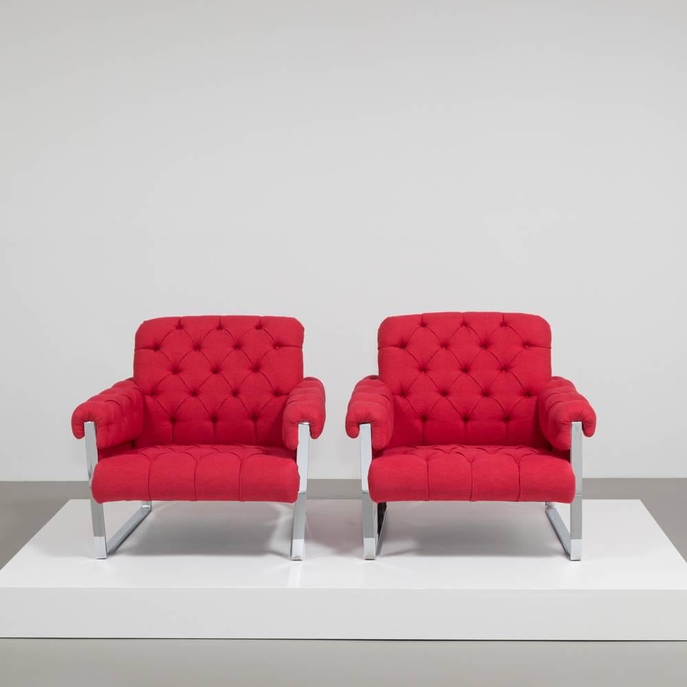 A pair of Milo Baughman designed chromium steel framed deep buttoned armchairs USA, 1970s, fully reupholstered by Talisman.