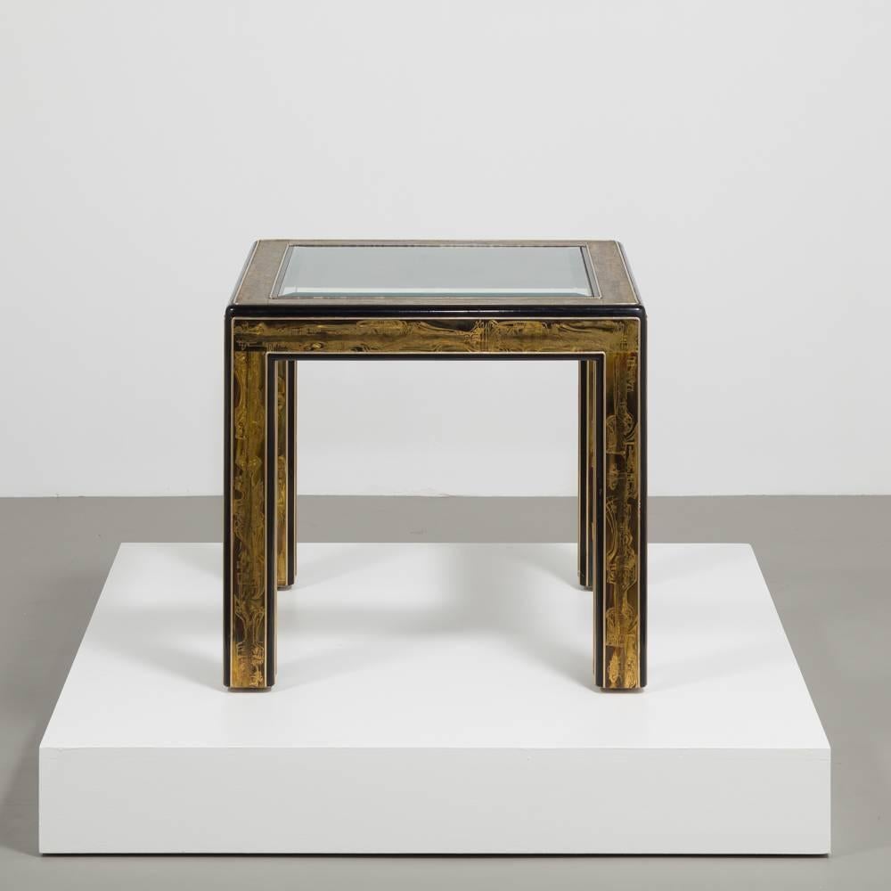 A Bernhard Rohne designed for Mastercraft Acid etched end/side table with inset glass top, USA, 1980s
