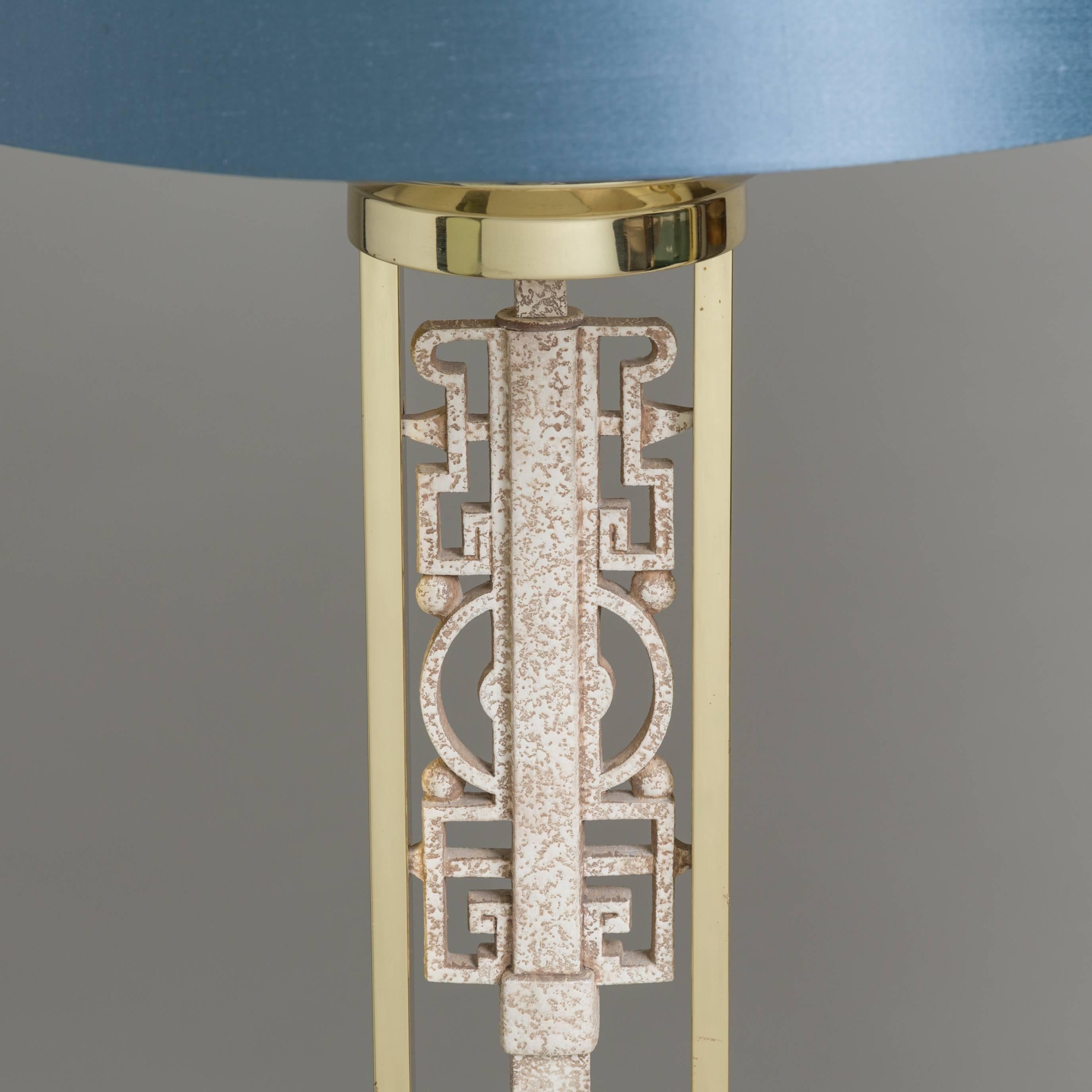 An unusual pair of oriental inspired simulated stone metal and brass table lamps, 1970s.
