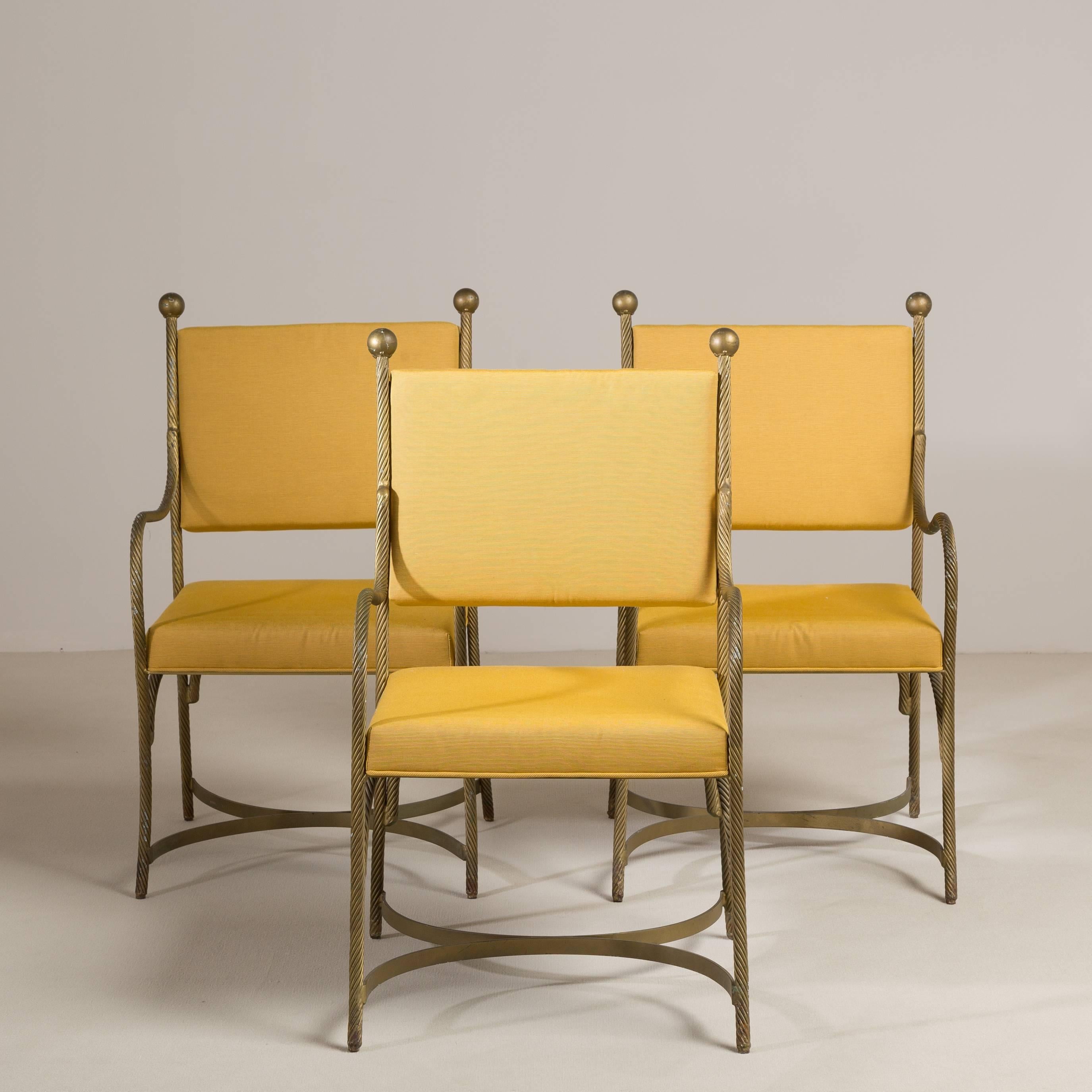 A pair of  heavy simulated rope metal framed upholstered chairs, 1960s reupholstered by Talisman.