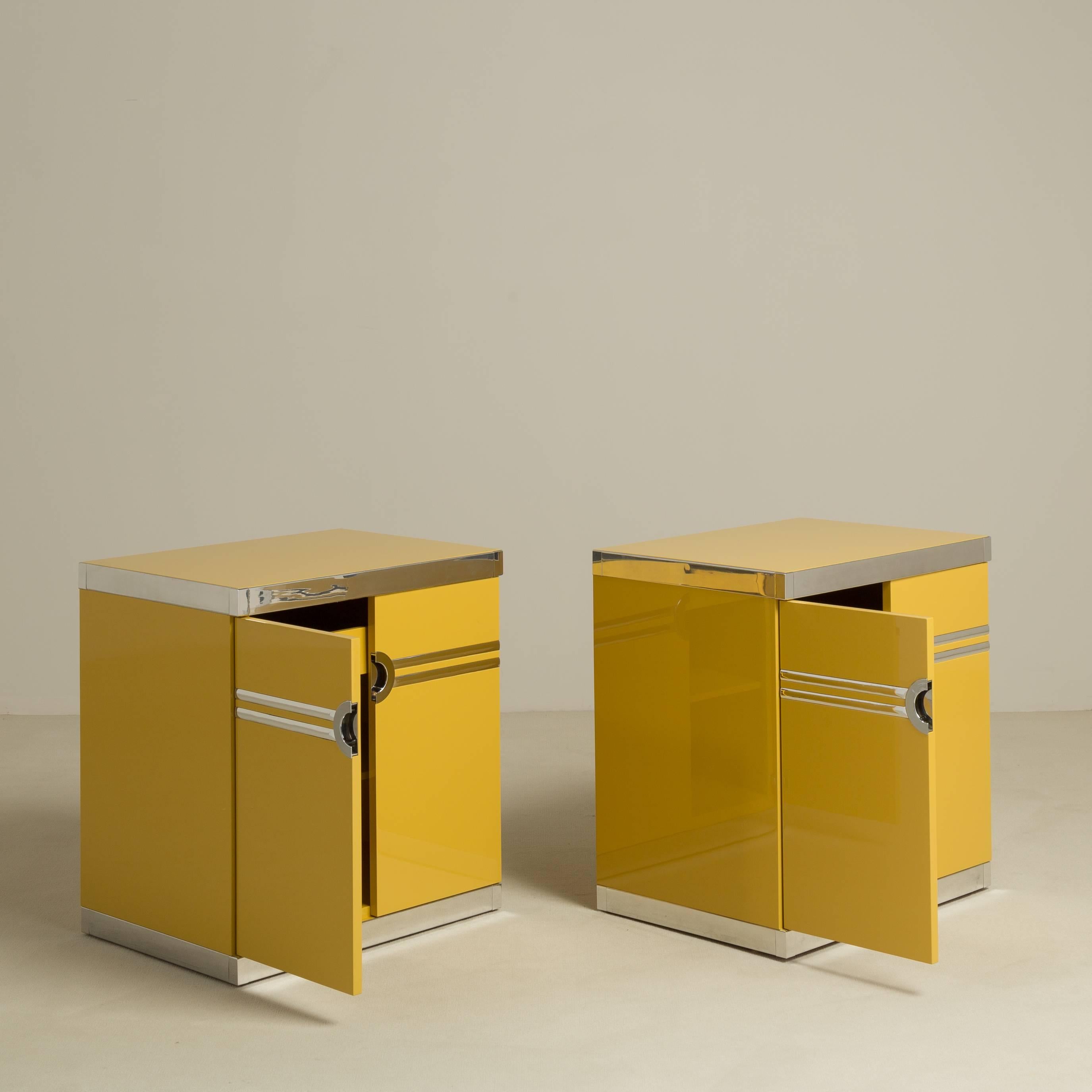 A pair of Pierre Cardin designed two-door lacquered side cabinets 1970s signed Talisman Edition.

Prices include 20% VAT which is removed for items shipped outside the EU.