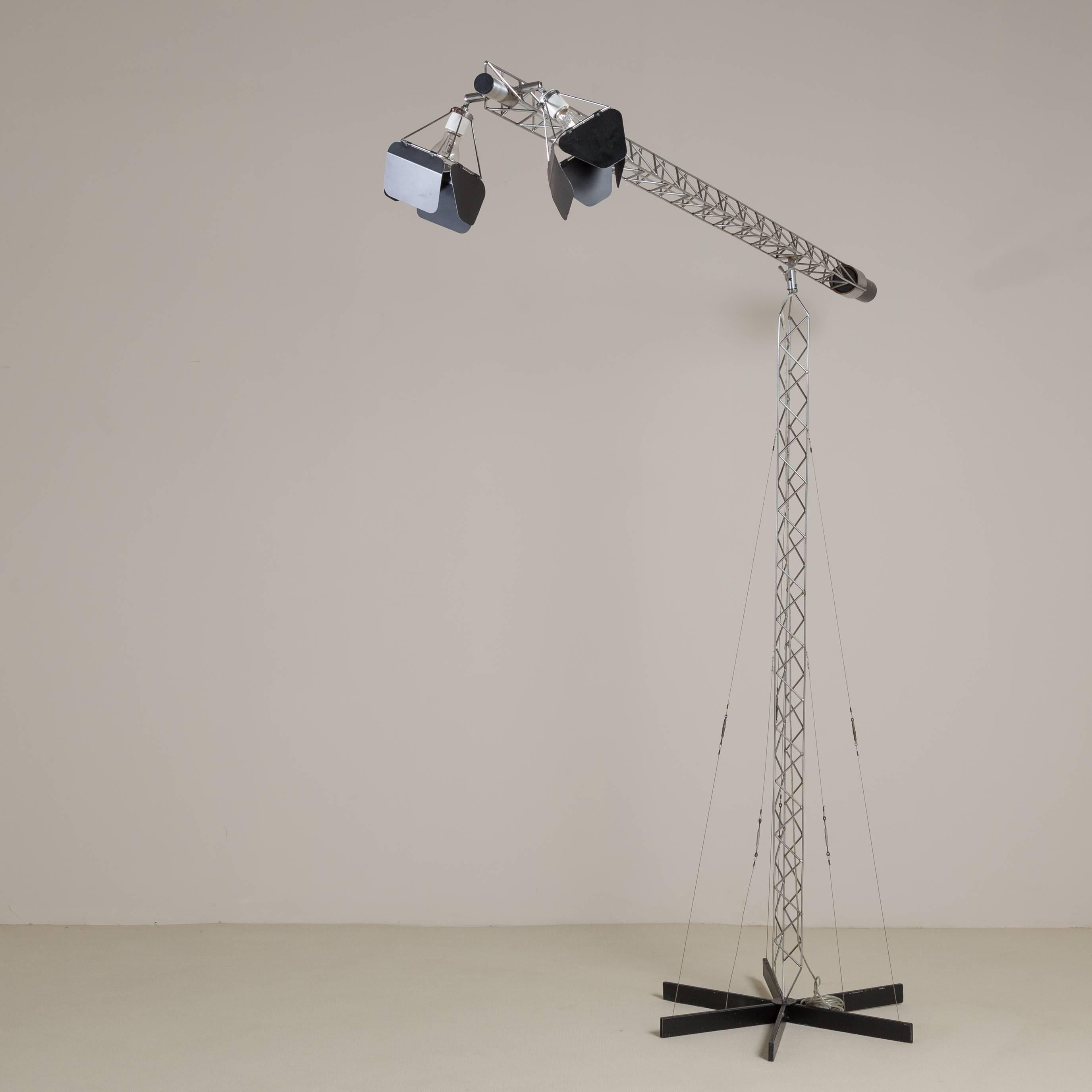A monumental Curtis Jere adjustable crane floor lamp, USA, 1970s.

Measures: Base 195cm high, adjustable arm 325cm long.

Prices include 10% VAT which is removed for items shipped outside the EU.