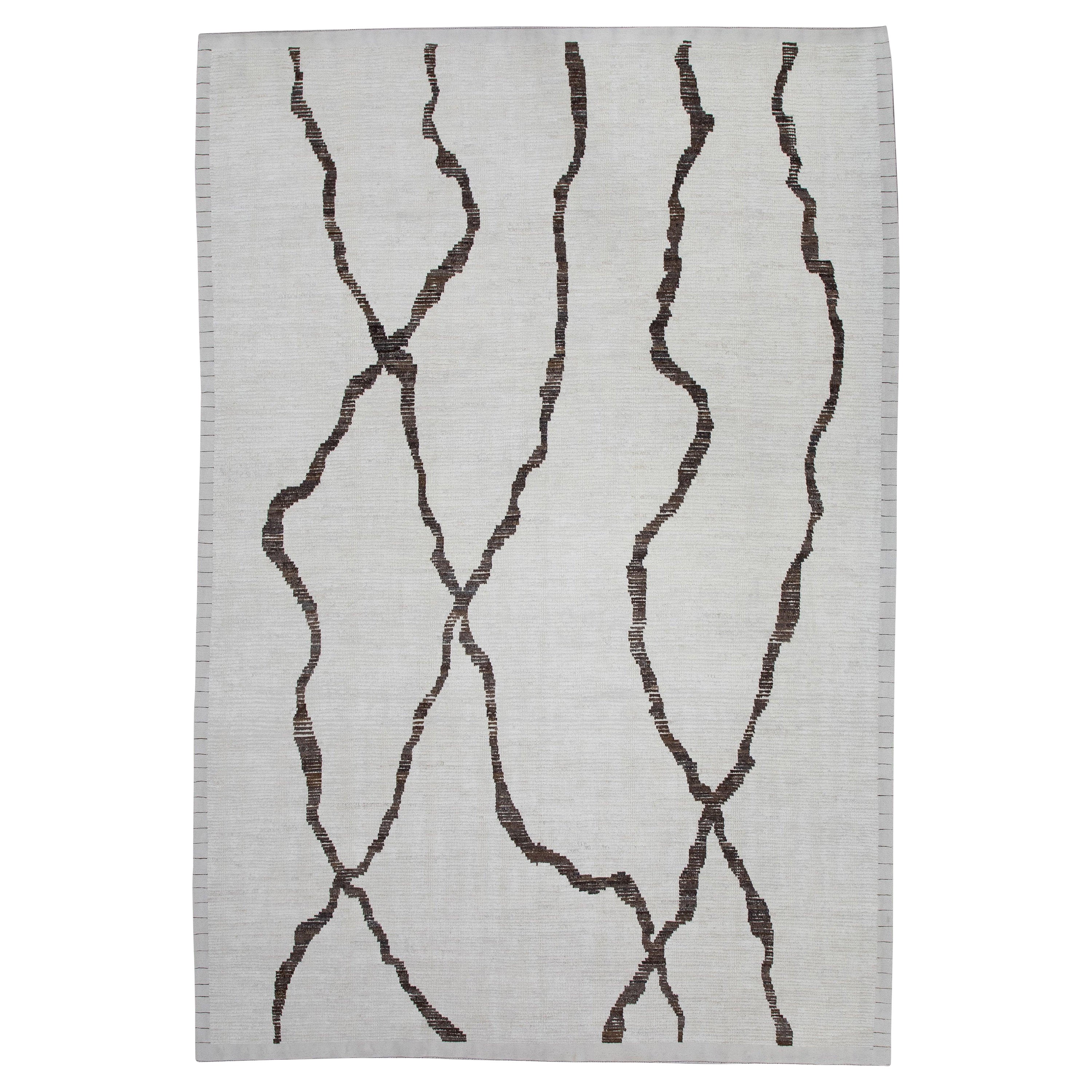 Türkischer Moderner Teppich Creme mit Dunkelbraun Handgeknüpfter Wollteppich 8'9" x 12'5" im Angebot