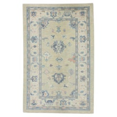 Turkish Oushak Rug Green Blue Pink Accents Handwoven Wool Rug 3'11" x 5'11"