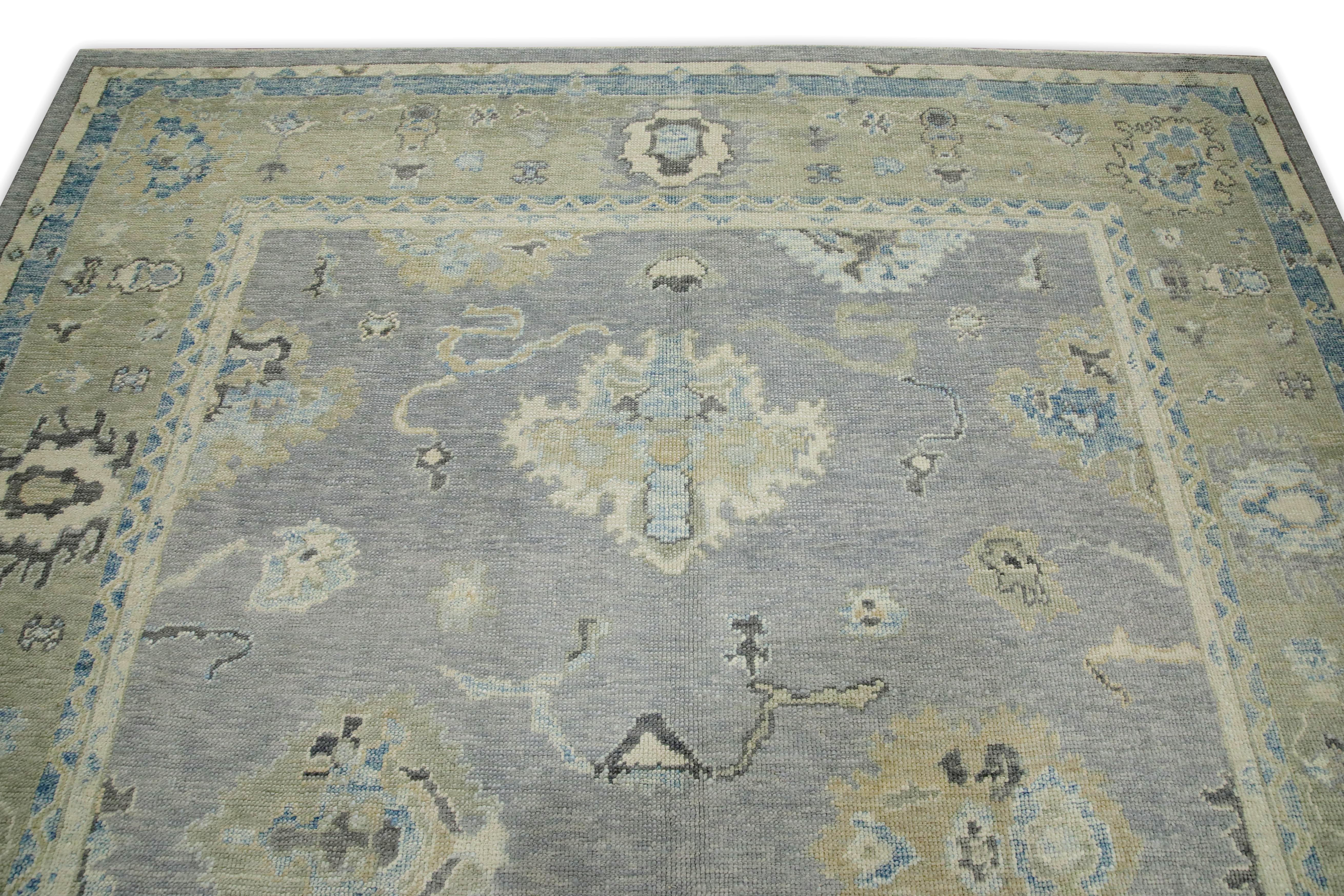 Türkischer Oushak Teppich Grau Blau Beige Handgewebter Wollteppich 8' x 9'6
