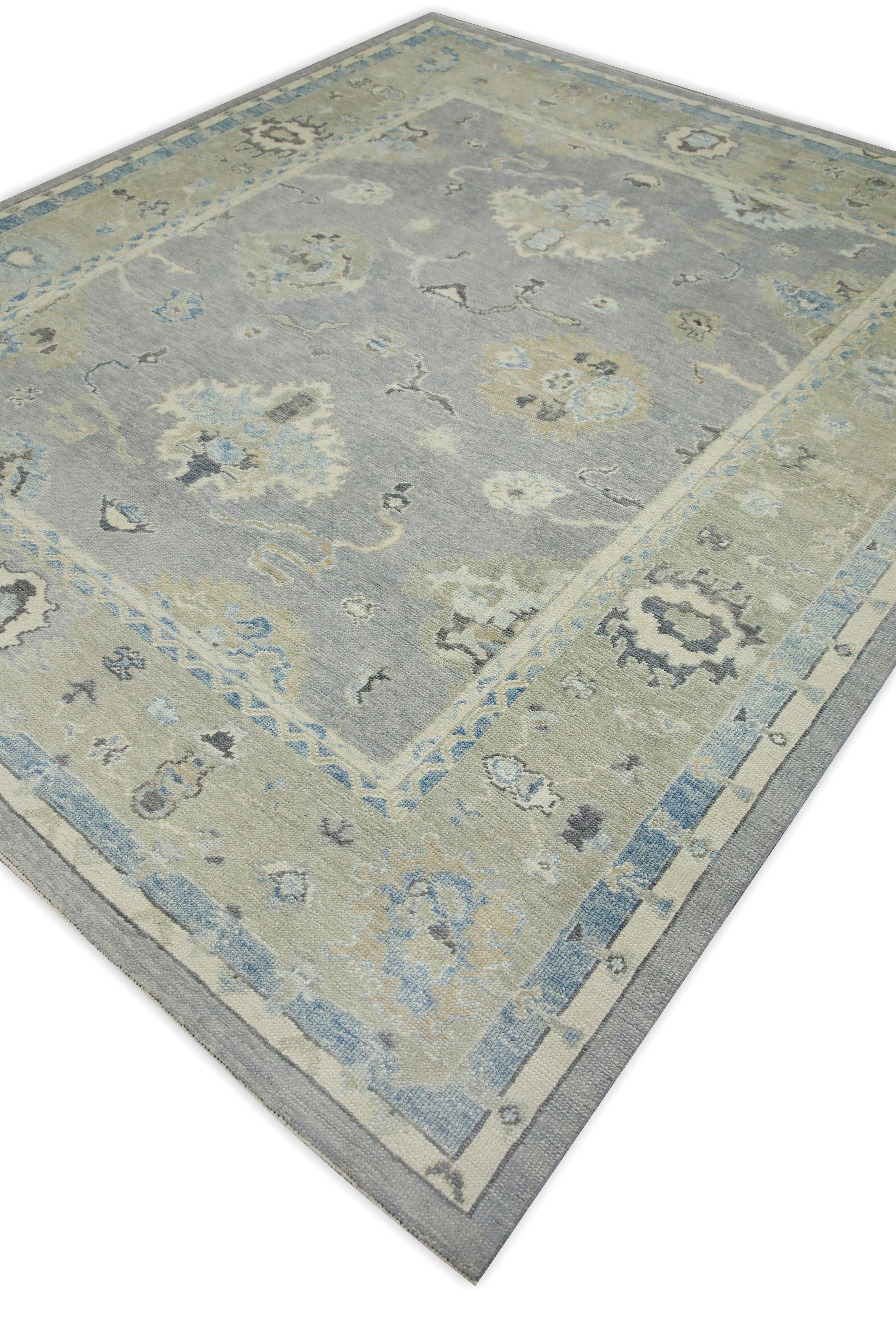 Türkischer Oushak Teppich Grau Blau Beige Handgewebter Wollteppich 8' x 9'6
