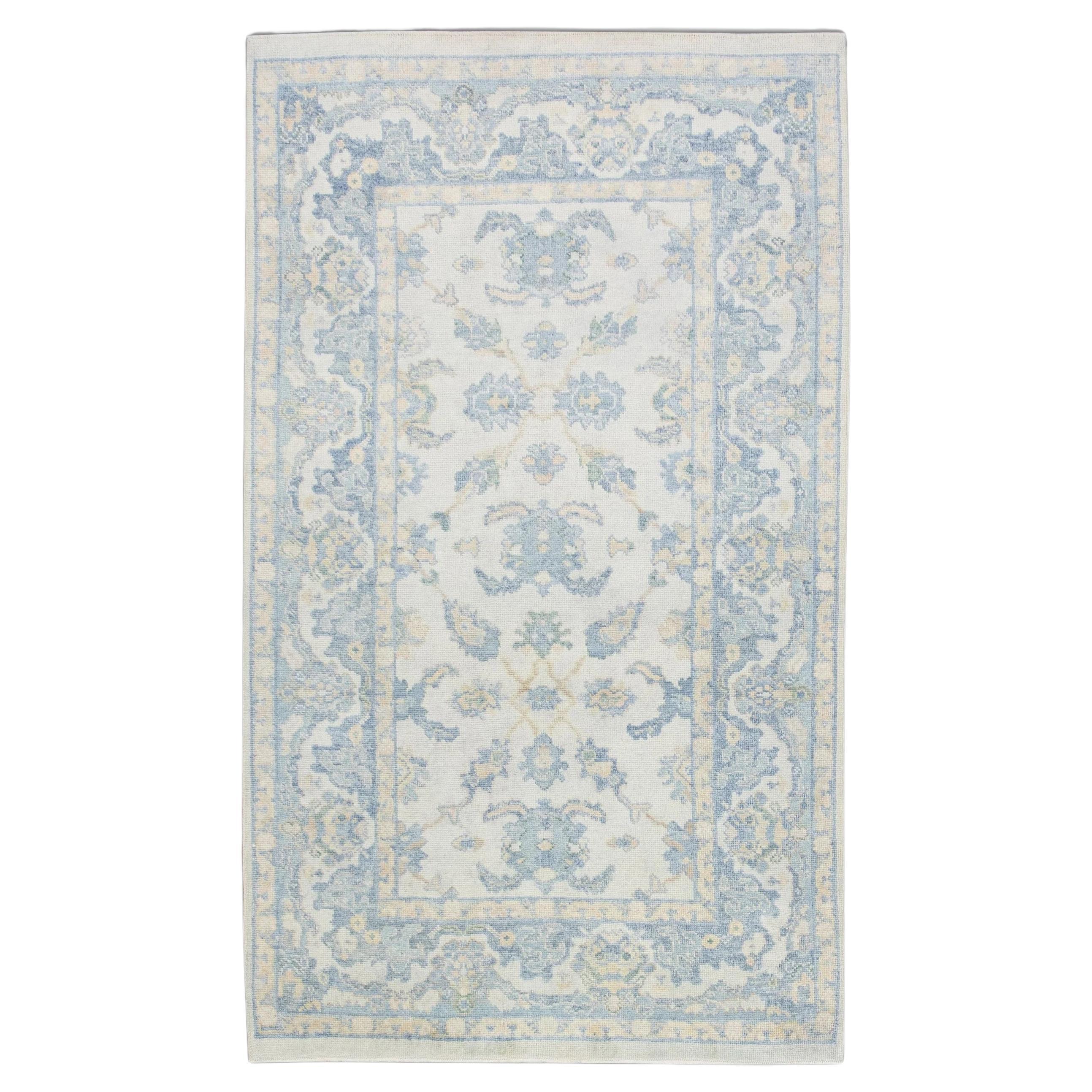 Türkischer Oushak Teppich Blau Elfenbein Handgewebter Wollteppich 5' x 8'2"
