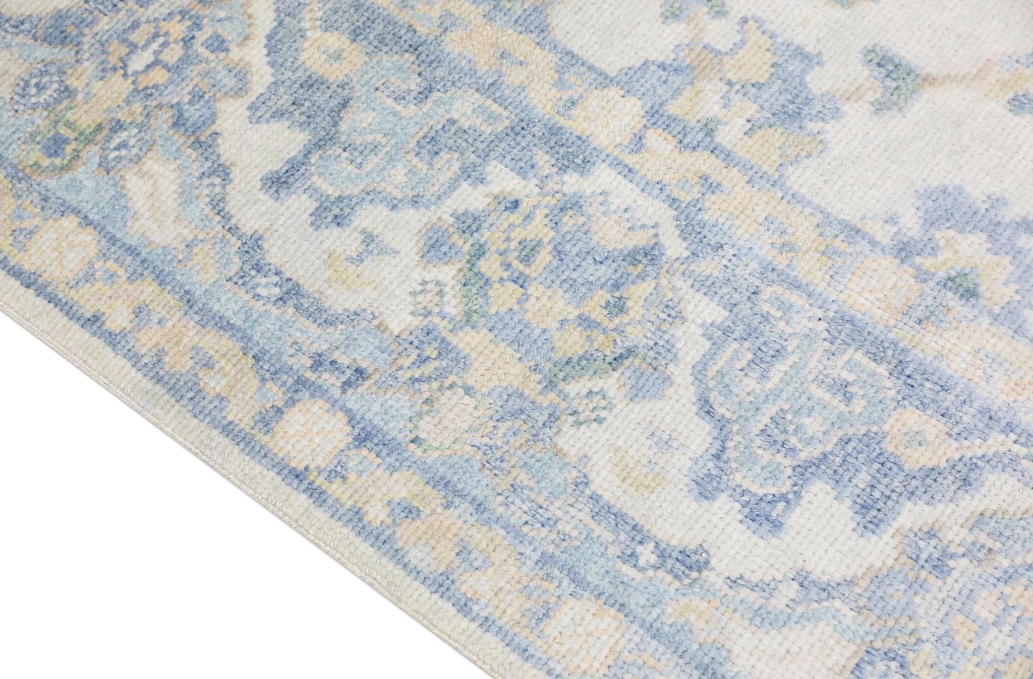 Türkischer Oushak Teppich Blau Elfenbein Handgewebter Wollteppich 5' x 8'2