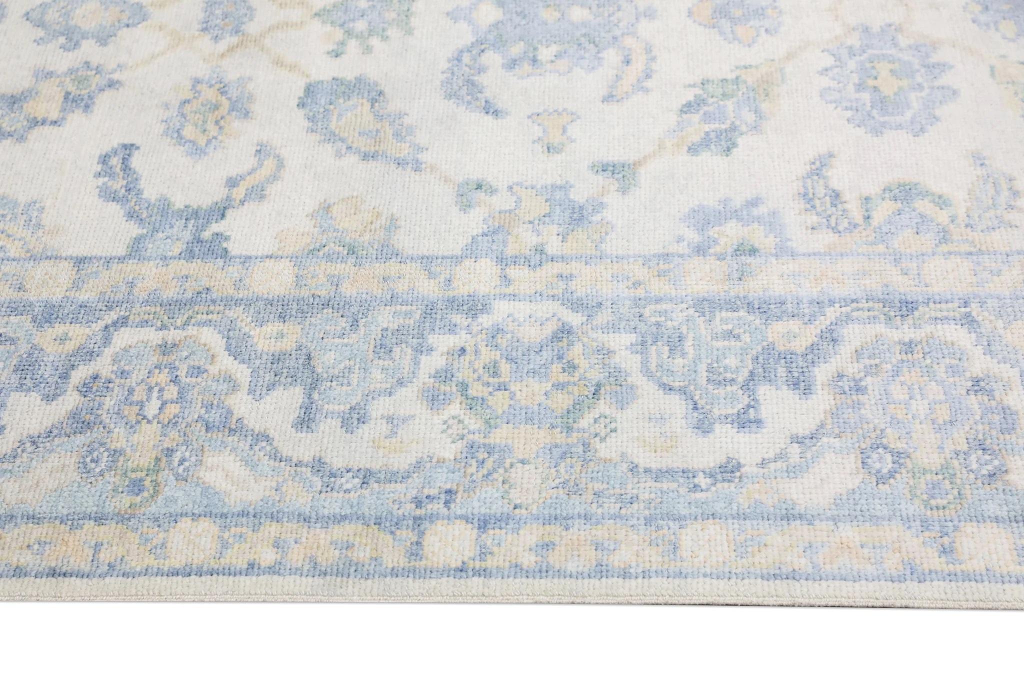 Türkischer Oushak Teppich Blau Elfenbein Handgewebter Wollteppich 5' x 8'2