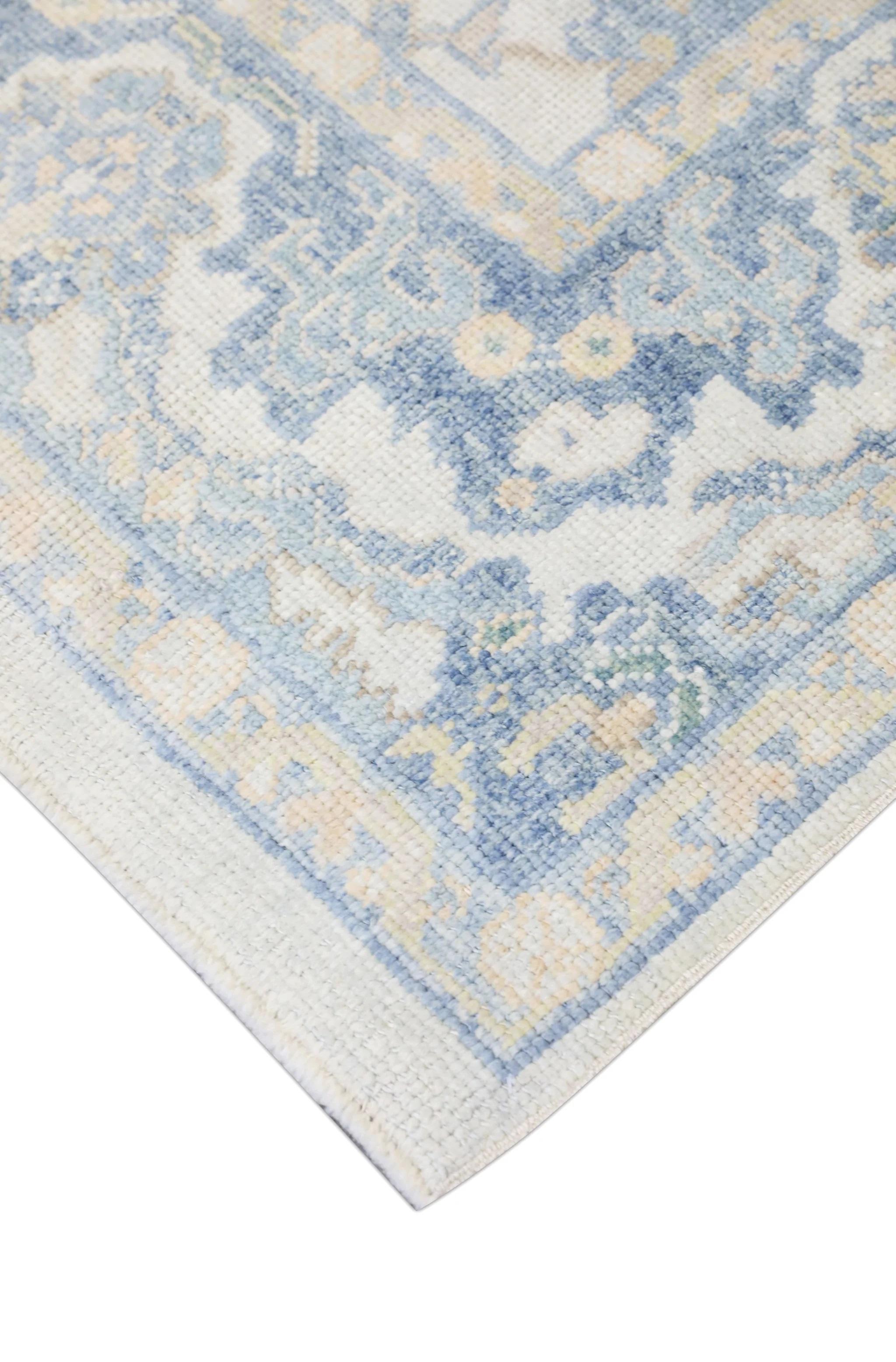 Türkischer Oushak Teppich Blau Elfenbein Handgewebter Wollteppich 5' x 8'2