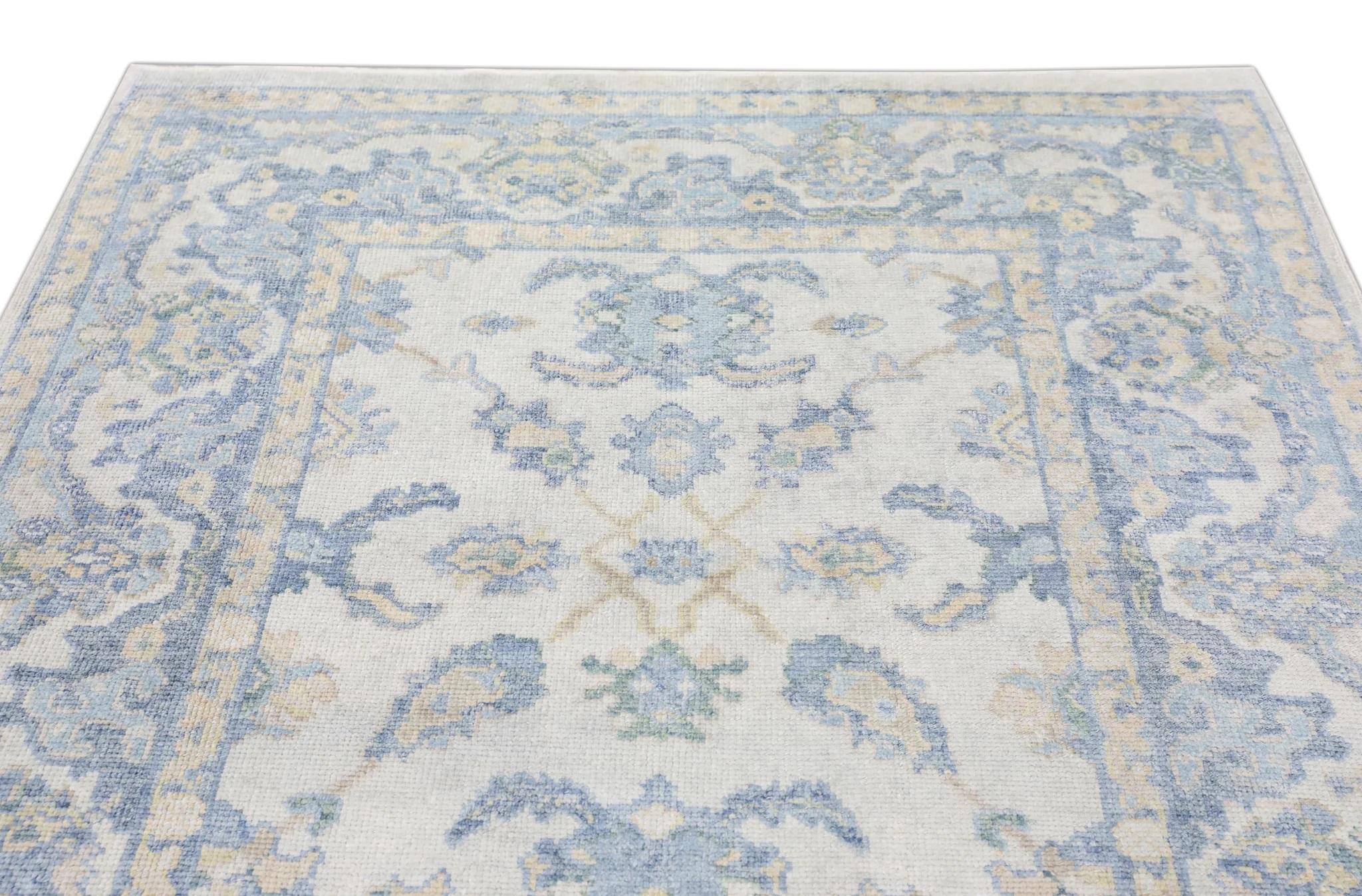 Türkischer Oushak Teppich Blau Elfenbein Handgewebter Wollteppich 5' x 8'2