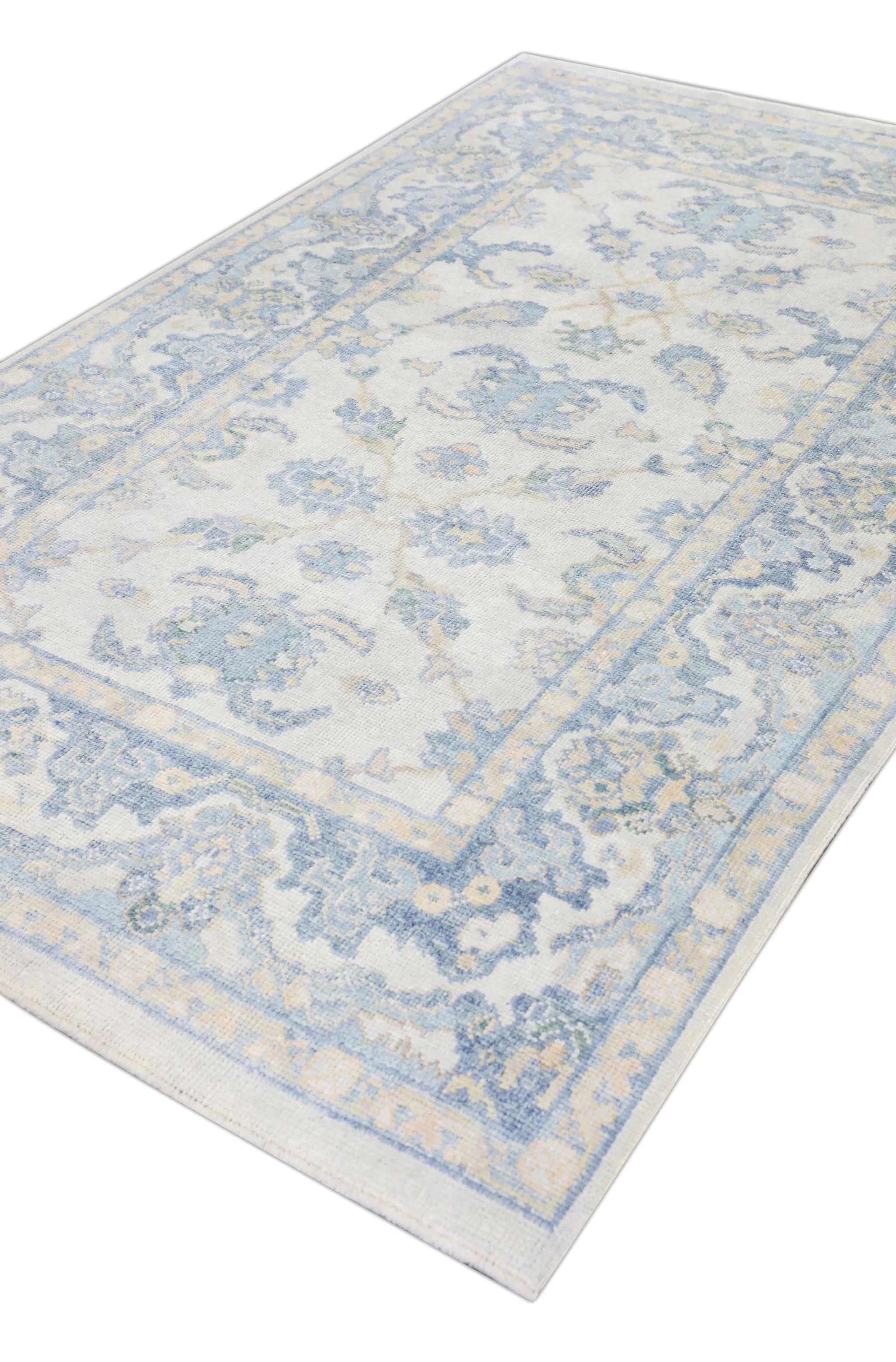 Türkischer Oushak Teppich Blau Elfenbein Handgewebter Wollteppich 5' x 8'2