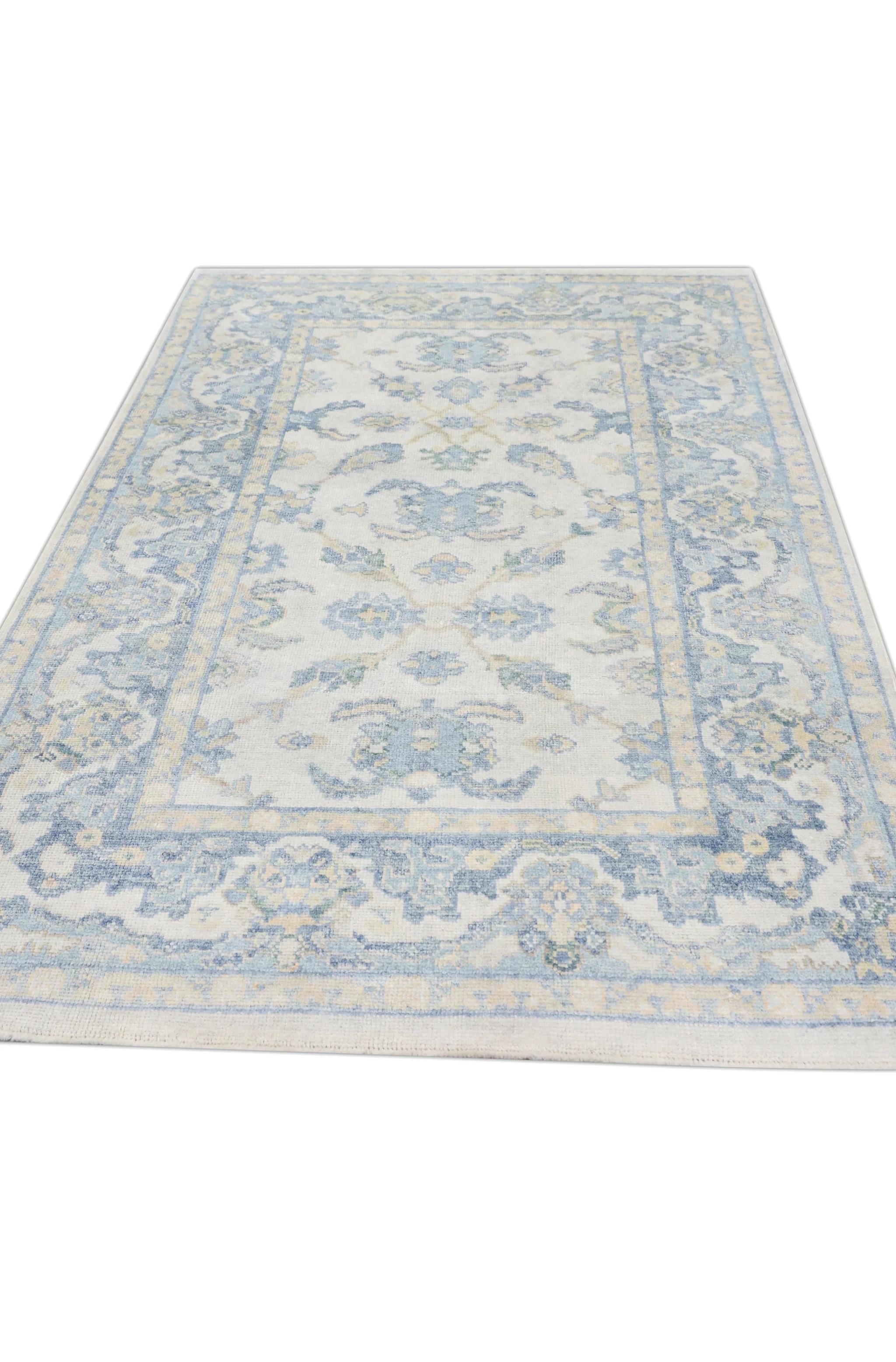 Türkischer Oushak Teppich Blau Elfenbein Handgewebter Wollteppich 5' x 8'2