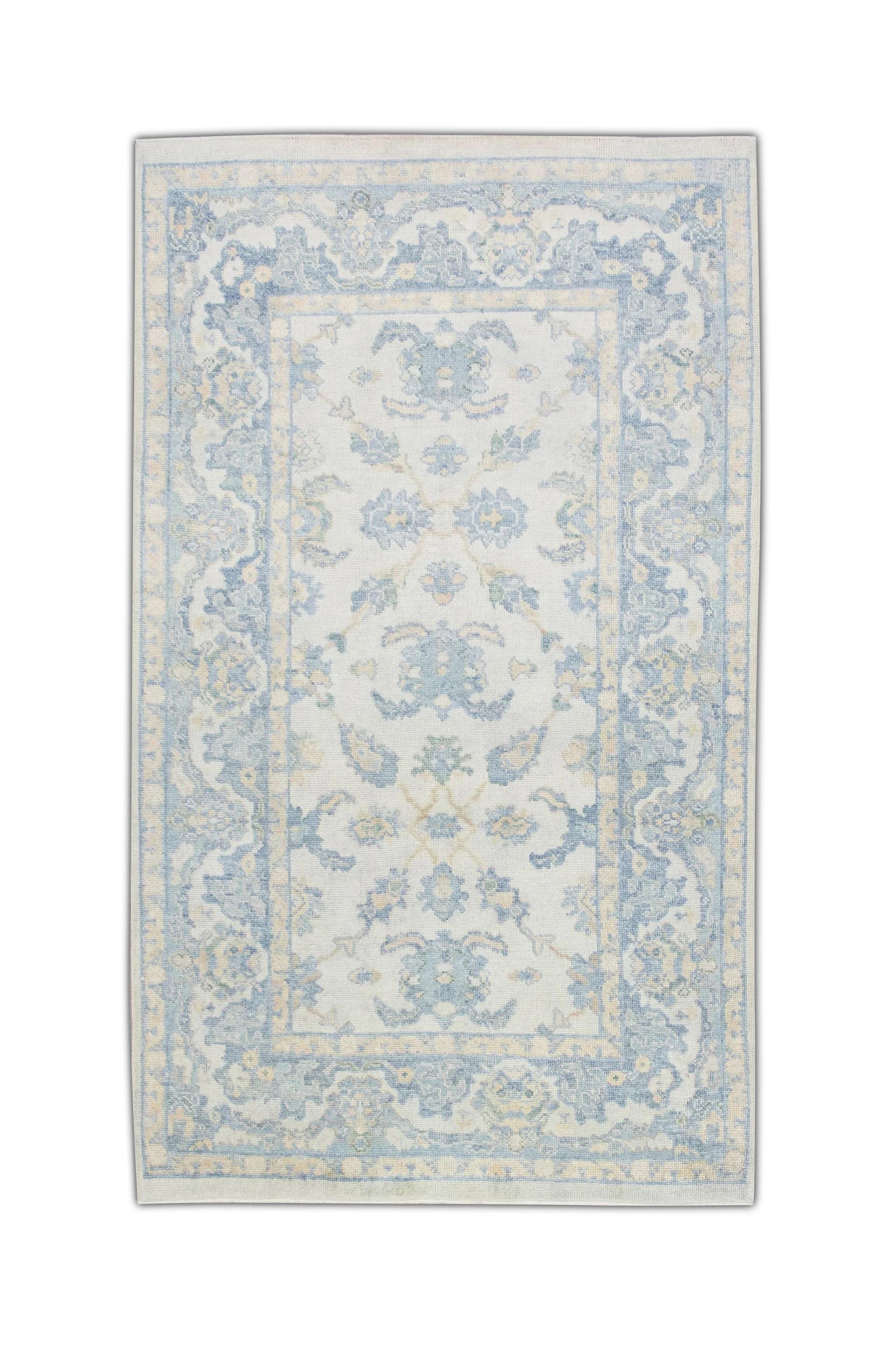 Türkischer Oushak Teppich Blau Elfenbein Handgewebter Wollteppich 5' x 8'2