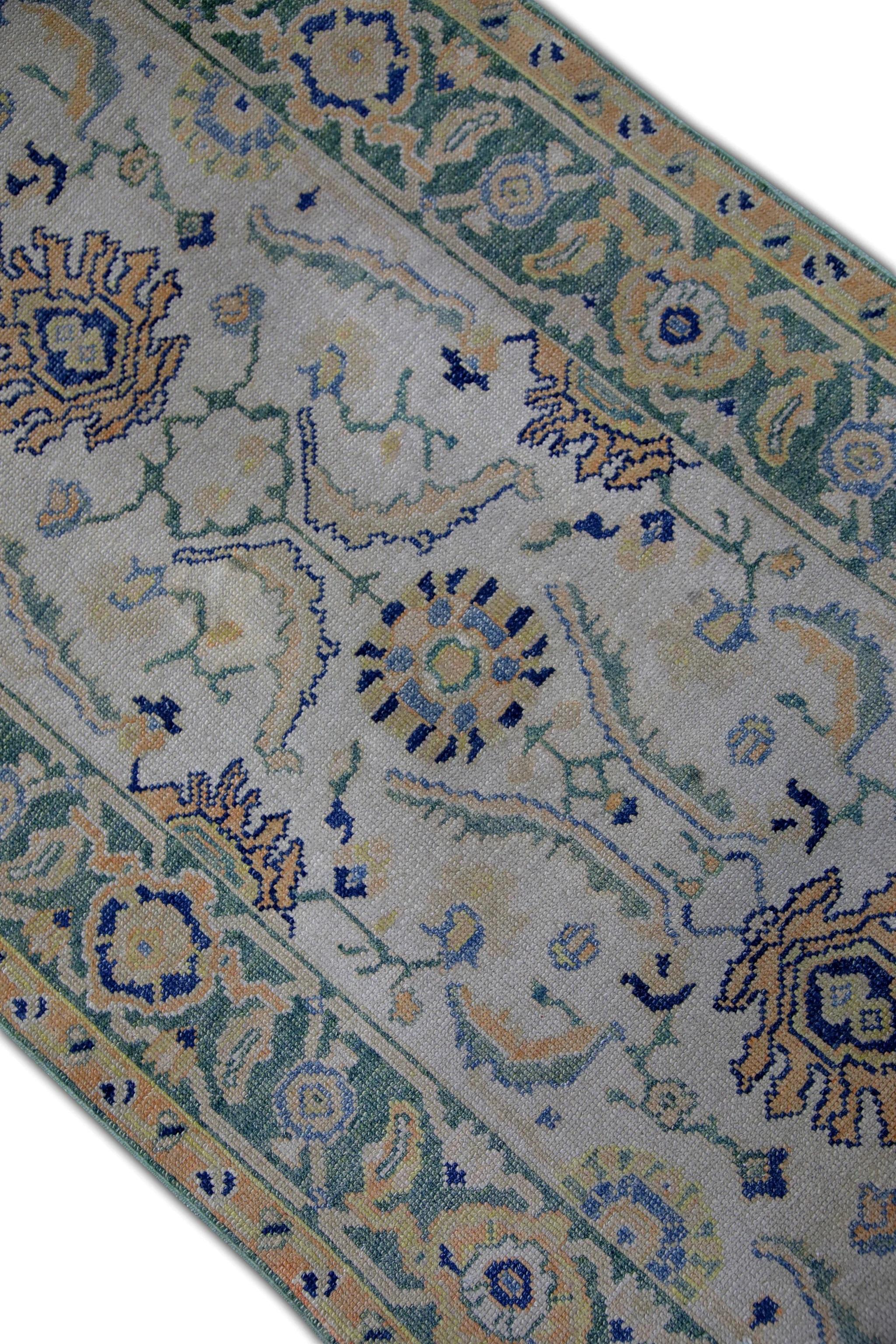 Tapis turc Oushak Vert, jaune et bleu Tapis de laine tissé à la main 2'8