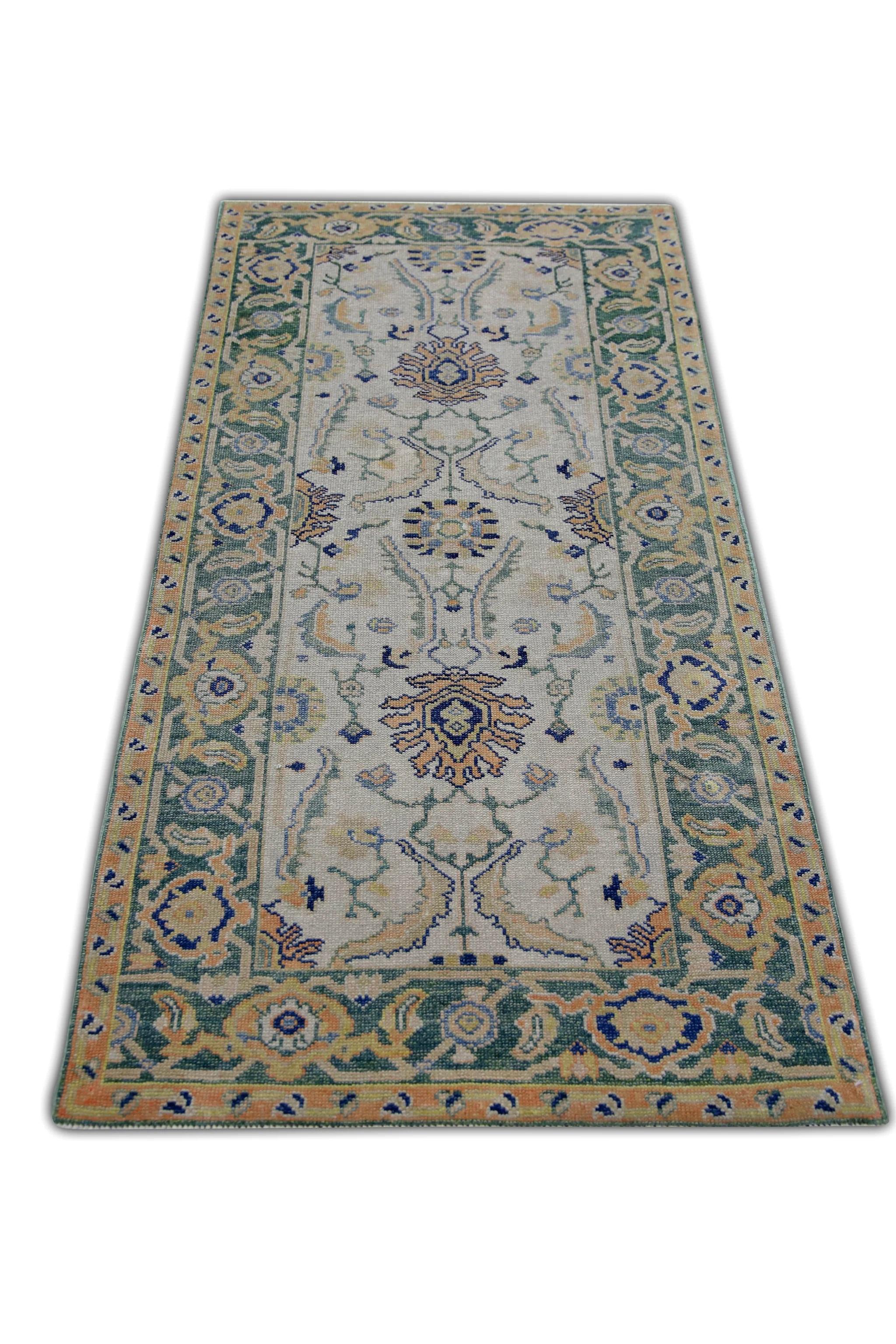 XXIe siècle et contemporain Tapis turc Oushak Vert, jaune et bleu Tapis de laine tissé à la main 2'8