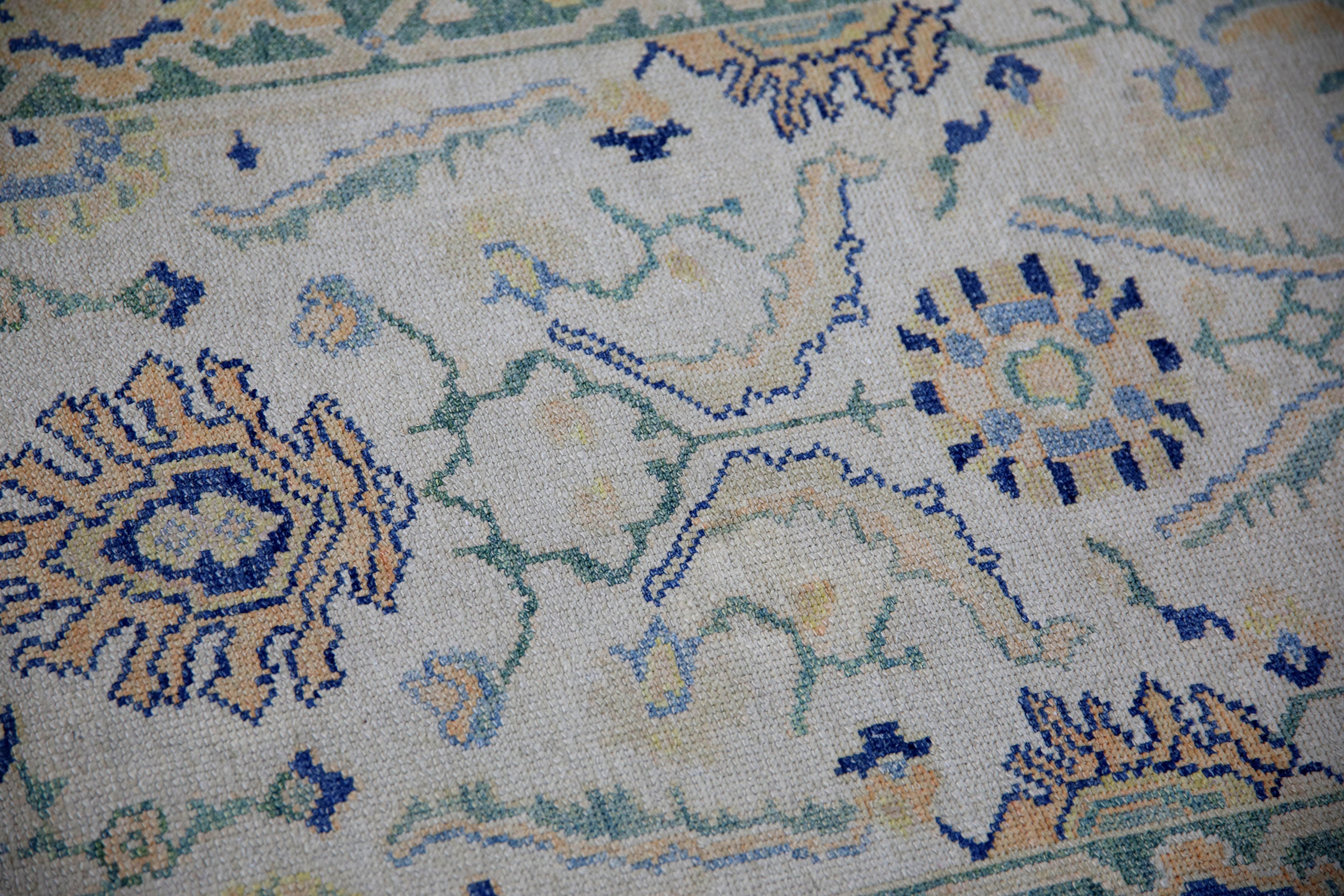 Tapis turc Oushak Vert, jaune et bleu Tapis de laine tissé à la main 2'8