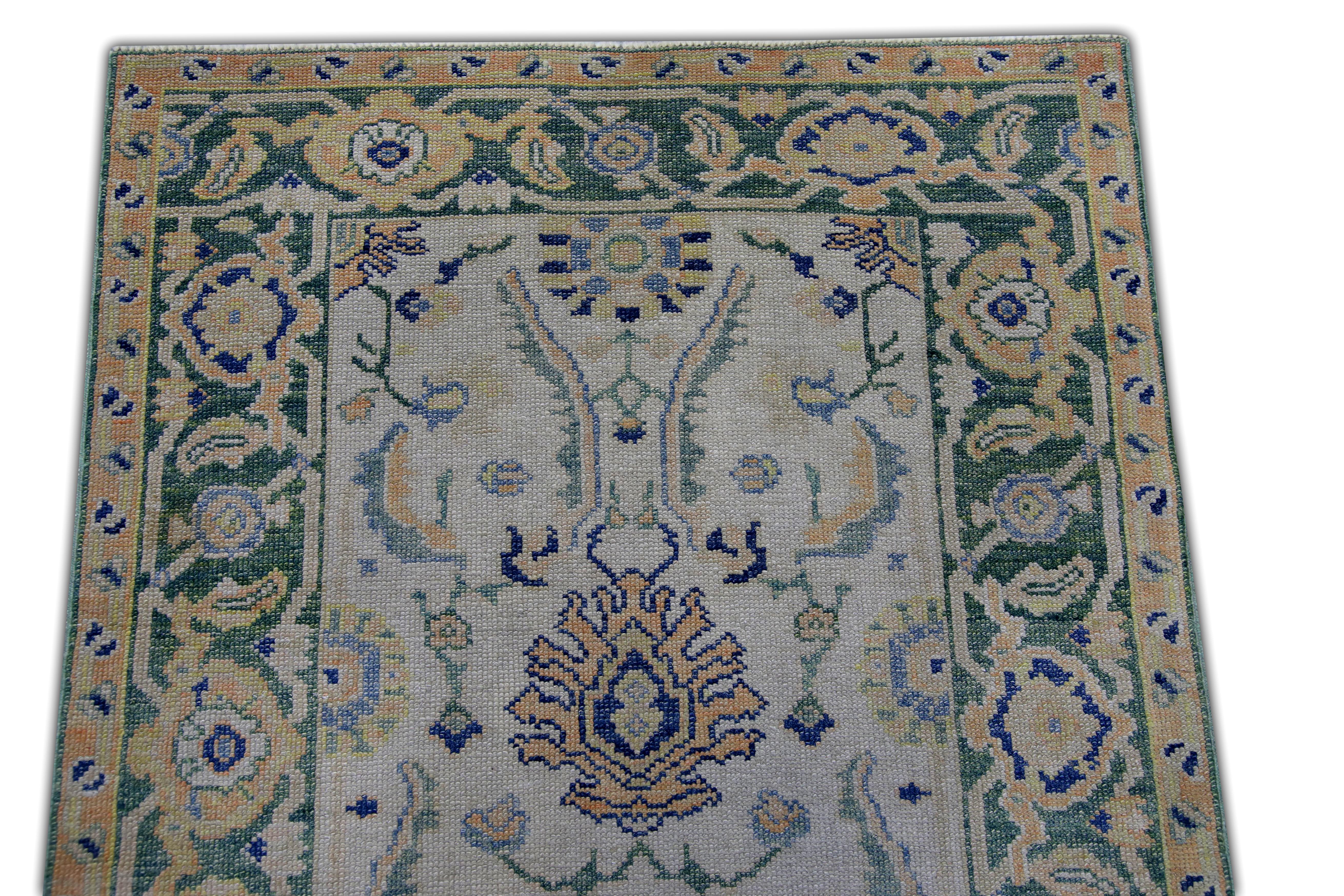 Tapis turc Oushak Vert, jaune et bleu Tapis de laine tissé à la main 2'8