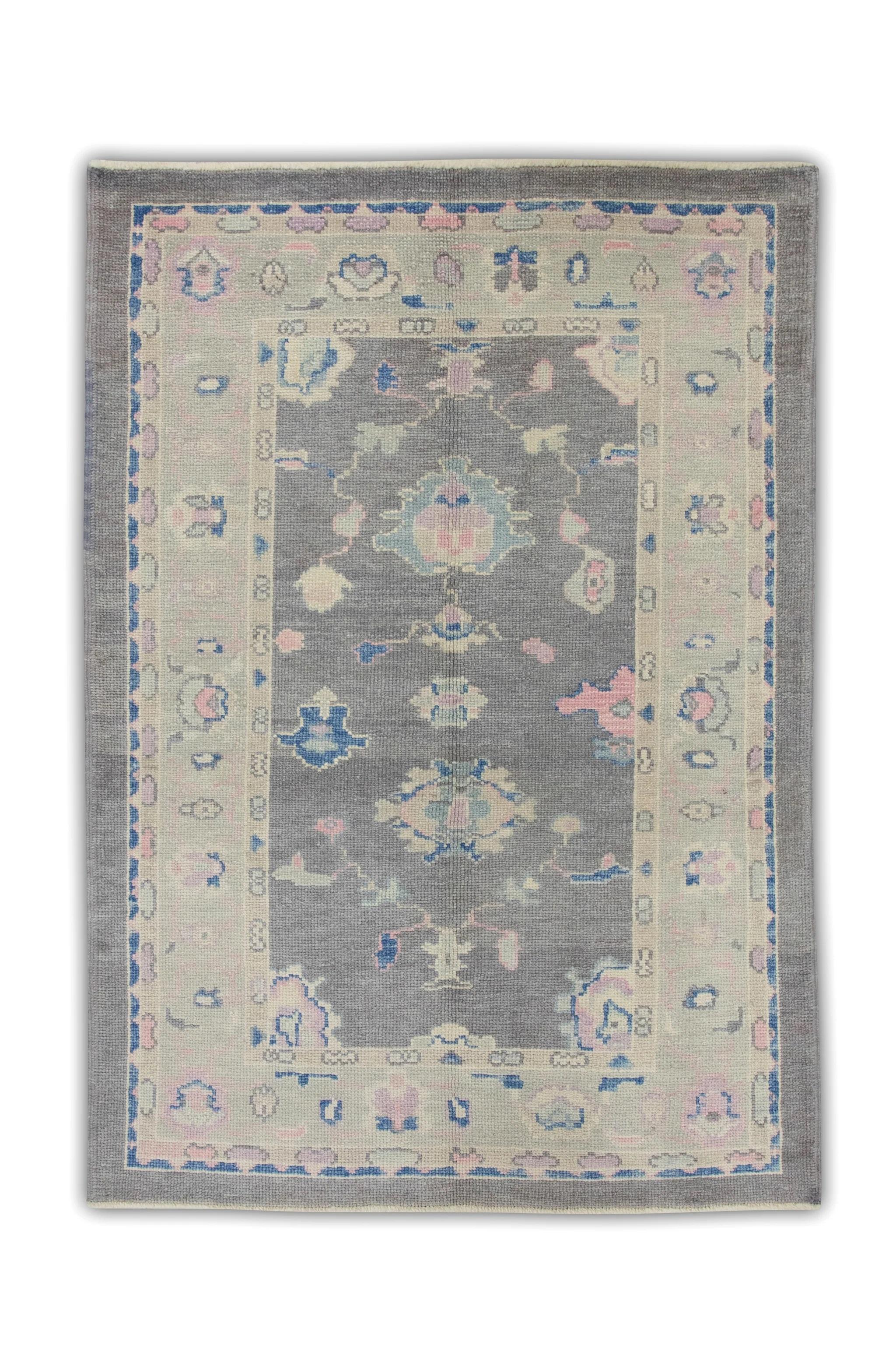 Türkischer Oushak Teppich Rosa, Blau & Elfenbein Handgewebter Wollteppich 4' x 5'11