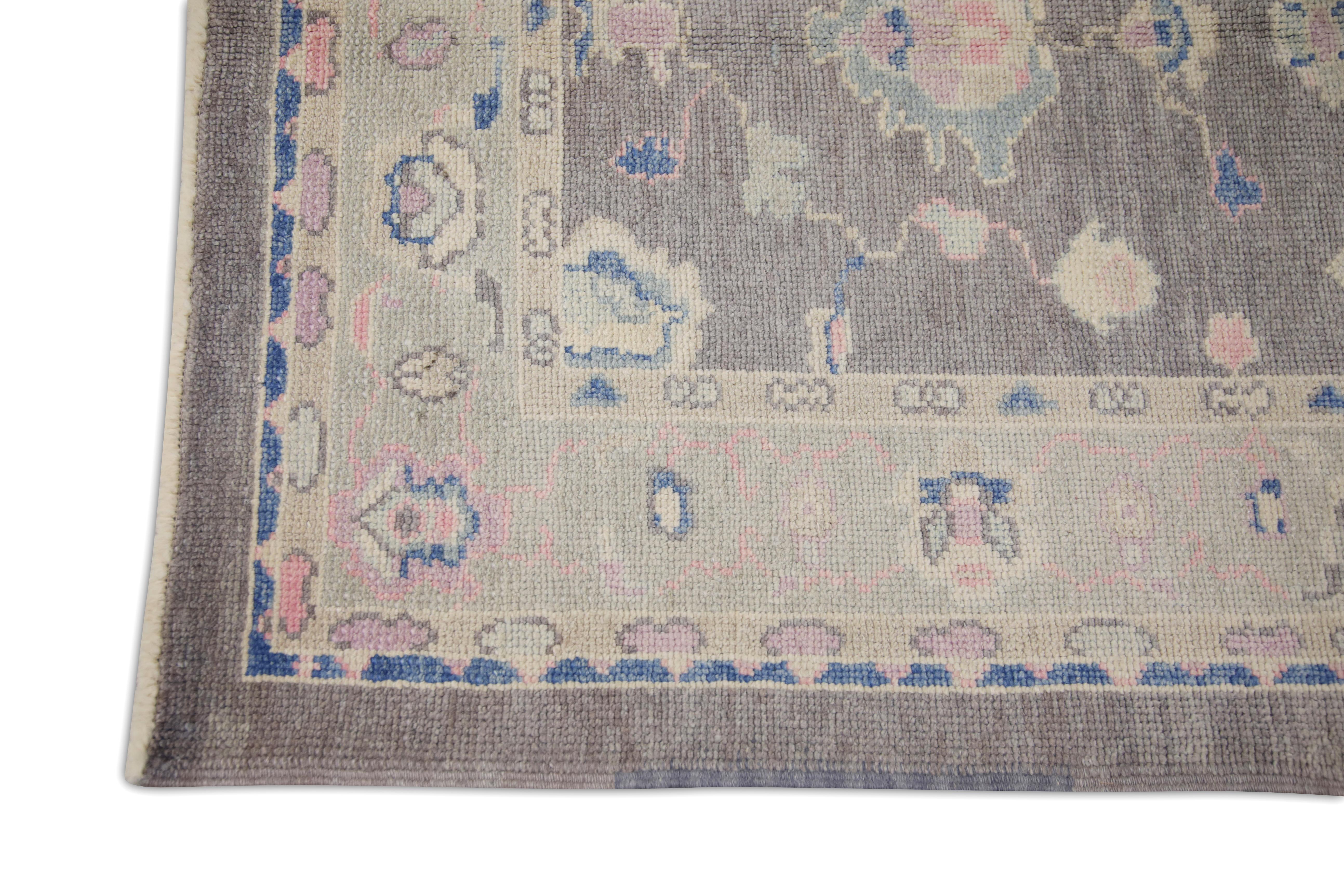 Türkischer Oushak Teppich Rosa, Blau & Elfenbein Handgewebter Wollteppich 4' x 5'11