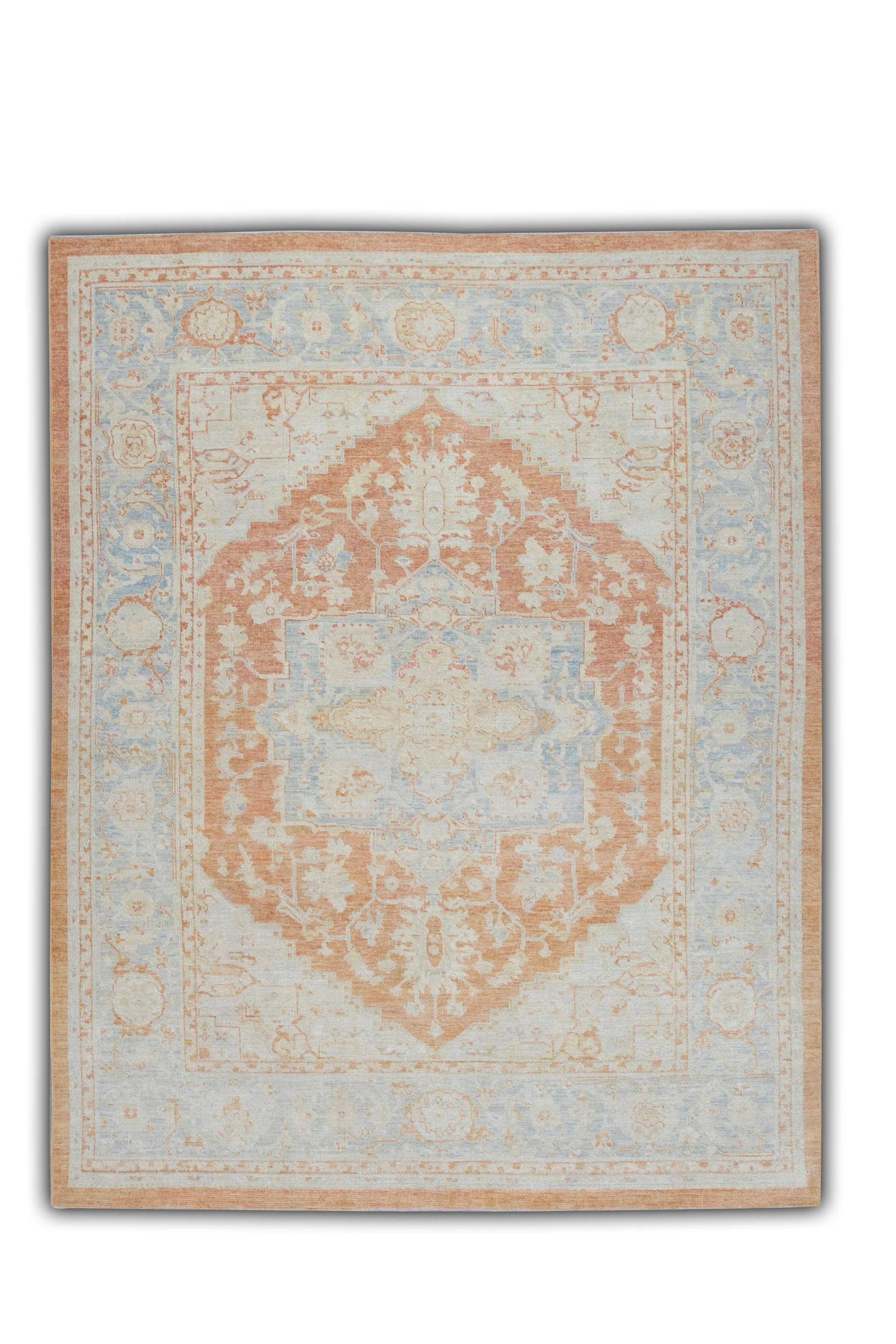 Türkischer Oushak Teppich Rosa & Blau Handgewebter Wollteppich 6'2