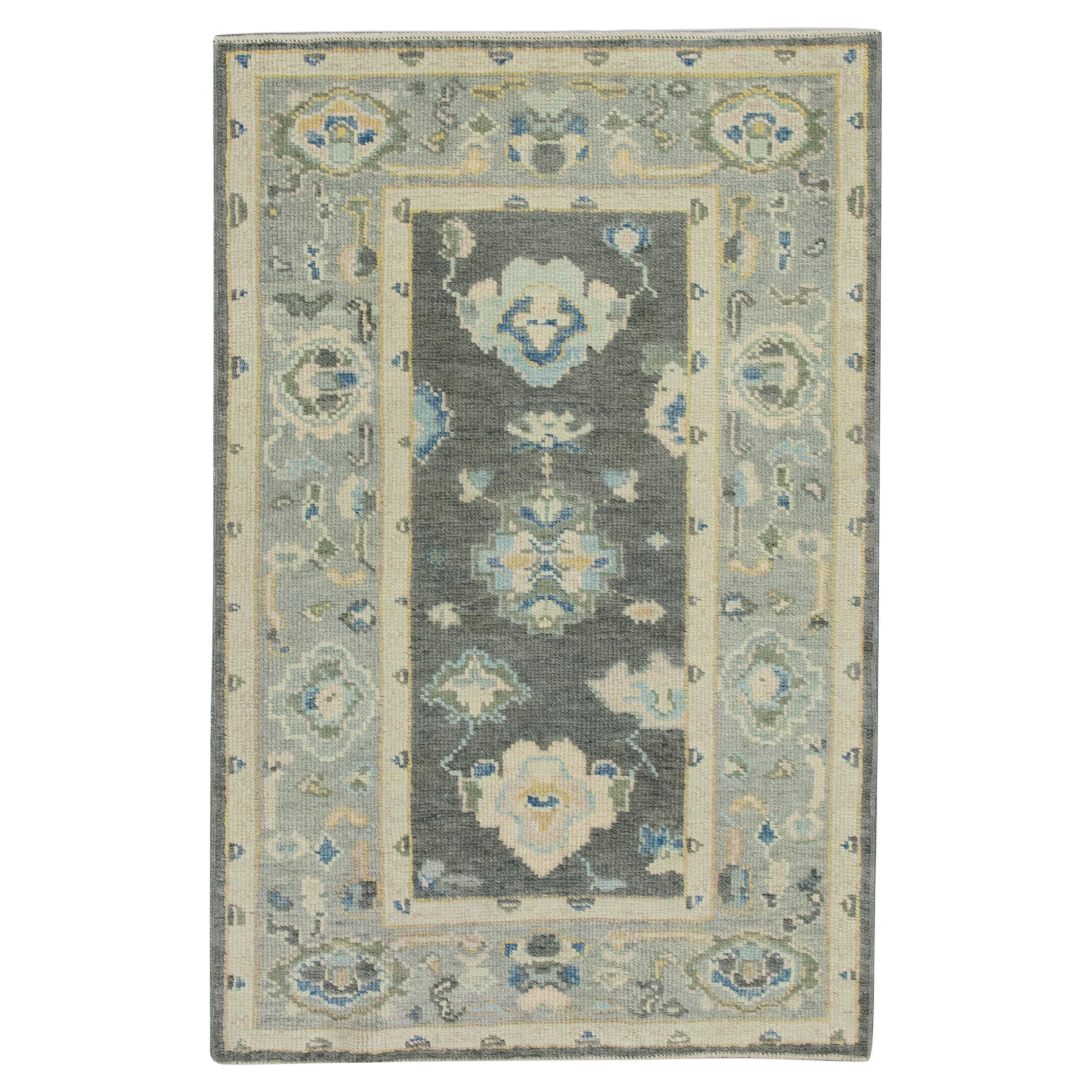 Türkischer Oushak Teppich Grau, Blau & Elfenbein Handgewebter Wollteppich 2'11" x 4'9"