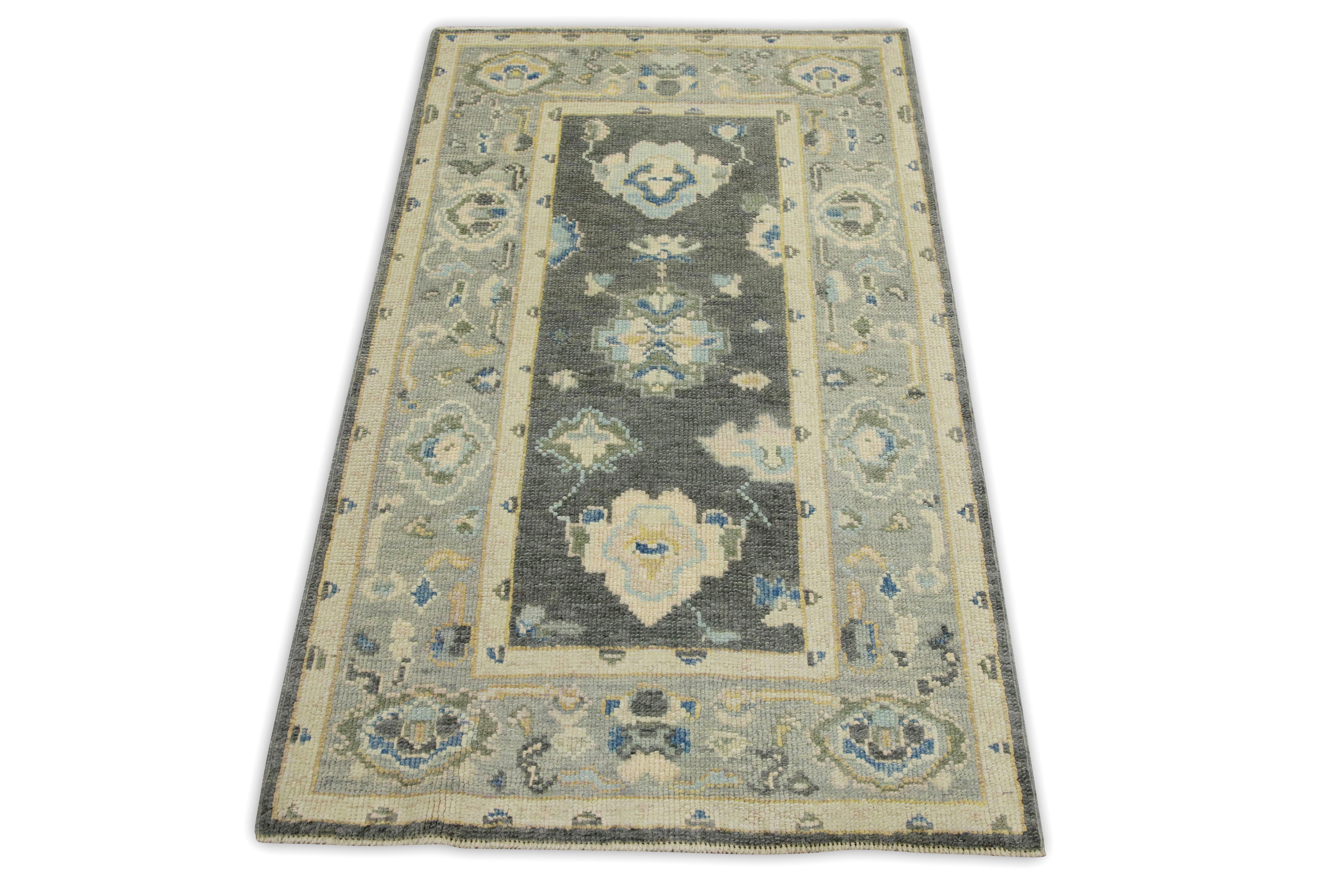 Tintura vegetale Tappeto turco Oushak Grigio, blu e avorio Tessuto a mano in lana 2'11