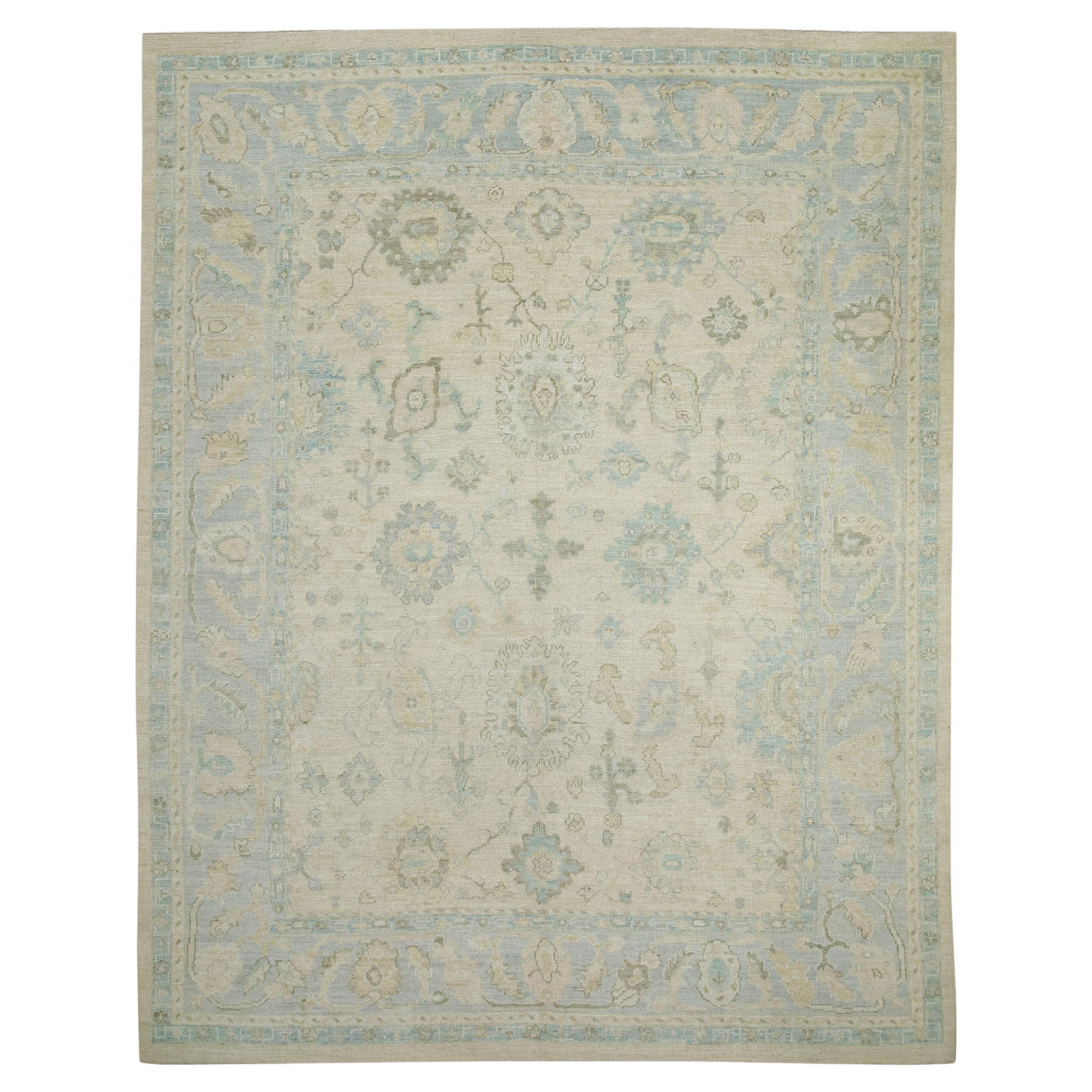 Türkischer Oushak-Teppich Elfenbein, Blau & Taupe Handgewebter Wollteppich 8'2" x 10'3" im Angebot
