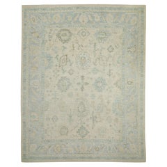 Türkischer Oushak-Teppich Elfenbein, Blau & Taupe Handgewebter Wollteppich 8'2" x 10'3"