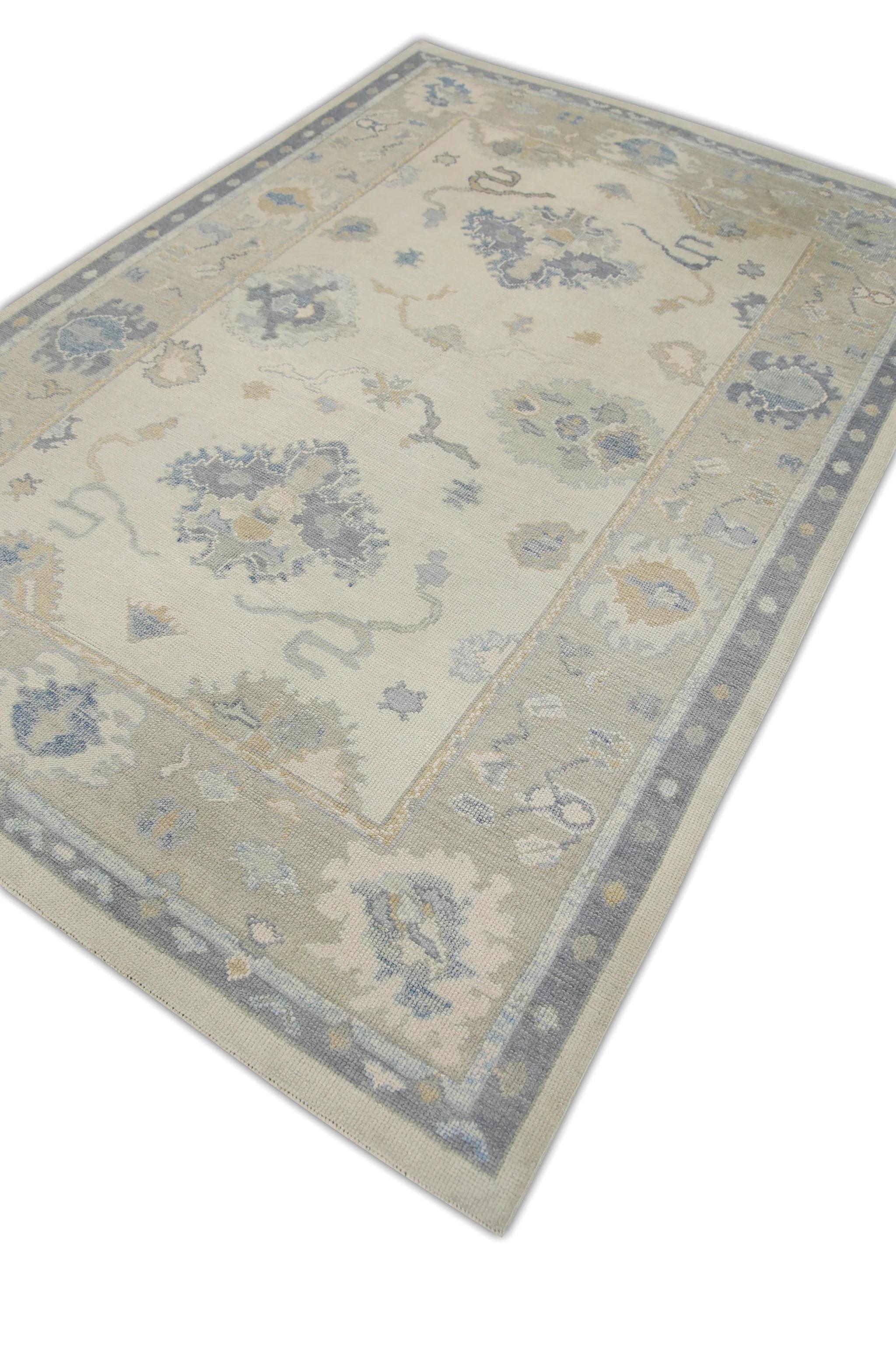 Türkischer Oushak-Teppich Elfenbein, Blau & Beige Handgewebter Wollteppich 6' x 8'9