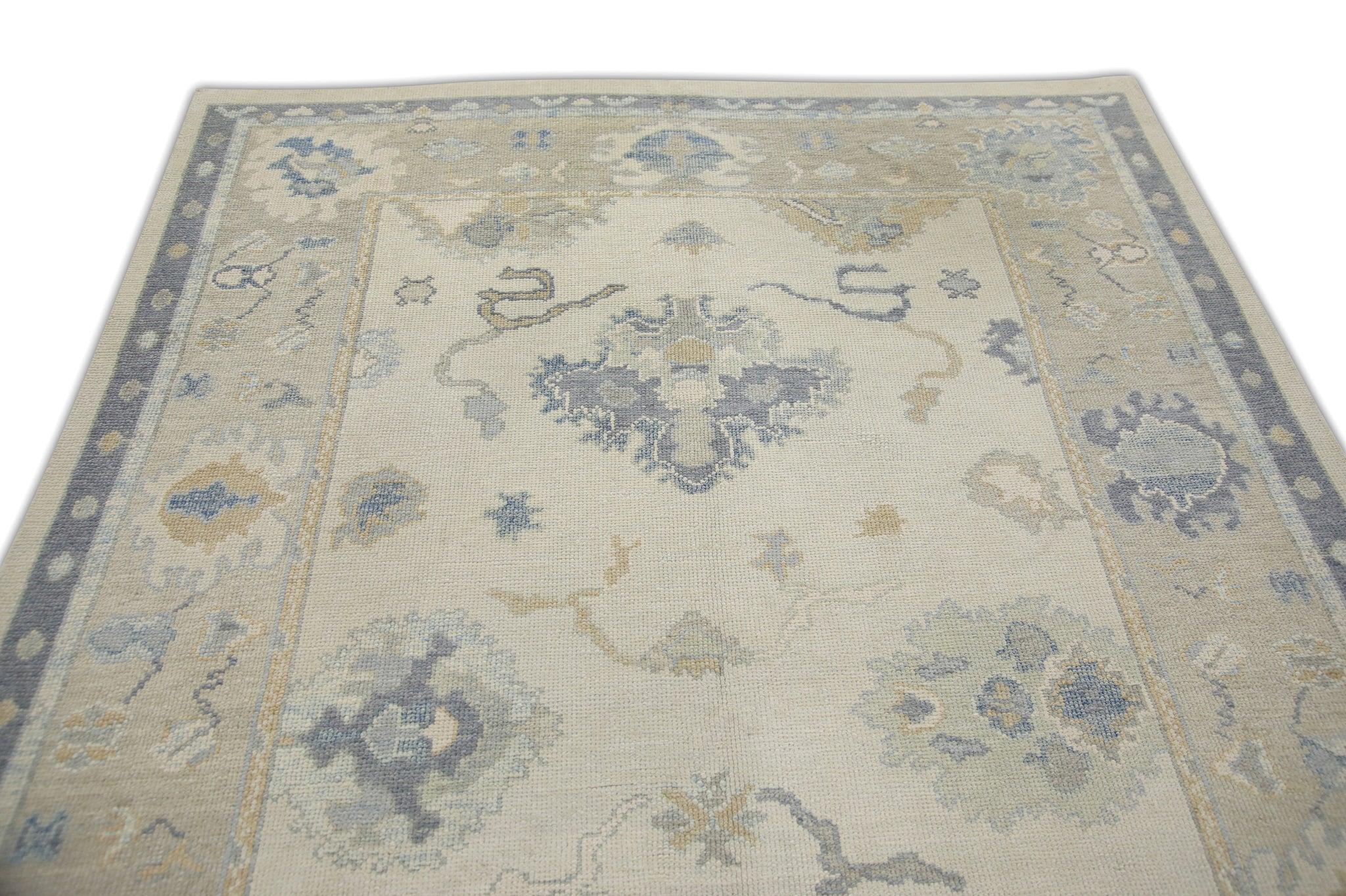Türkischer Oushak-Teppich Elfenbein, Blau & Beige Handgewebter Wollteppich 6' x 8'9