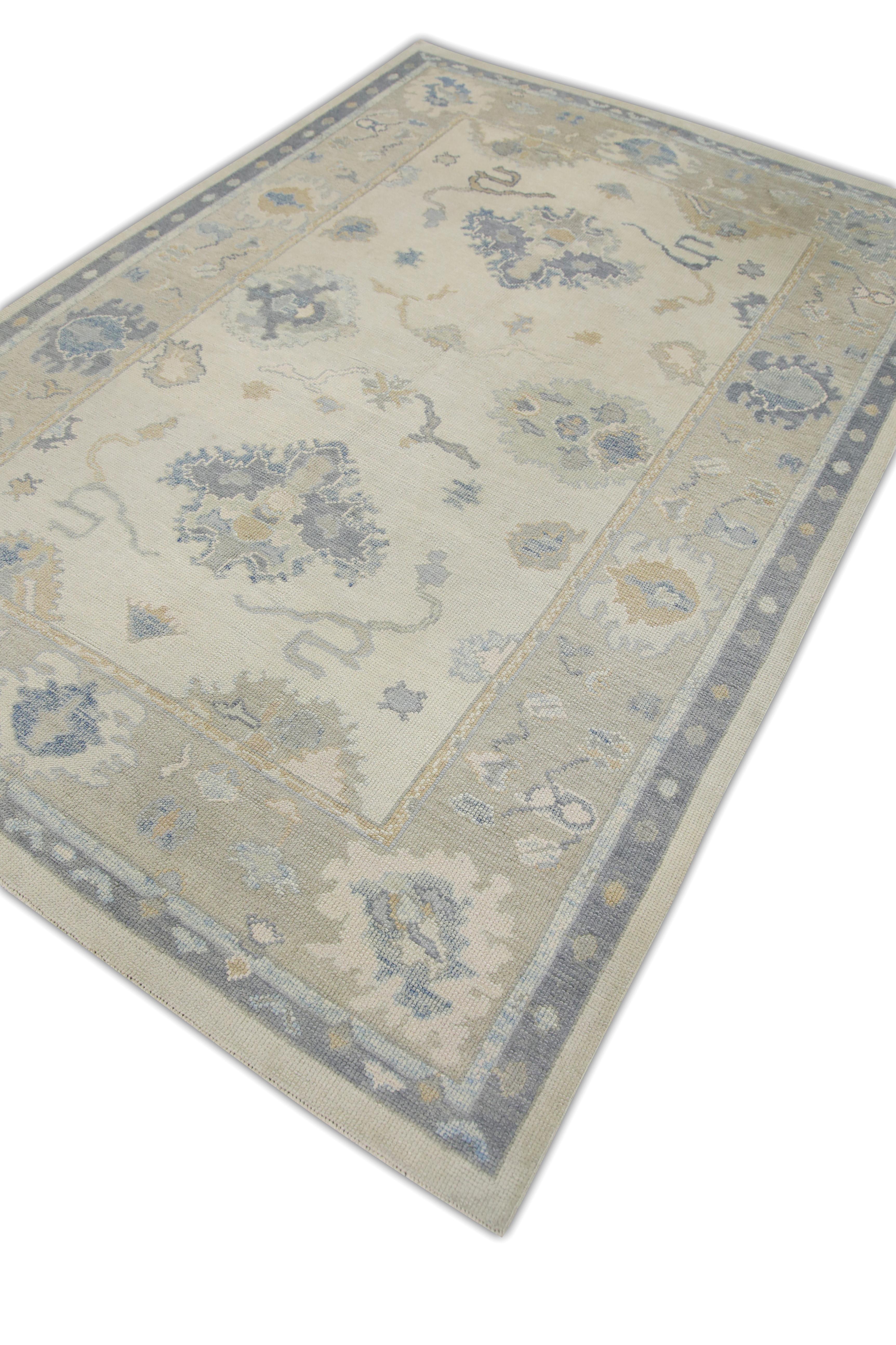 Türkischer Oushak-Teppich Elfenbein, Blau & Beige Handgewebter Wollteppich 6' x 8'9