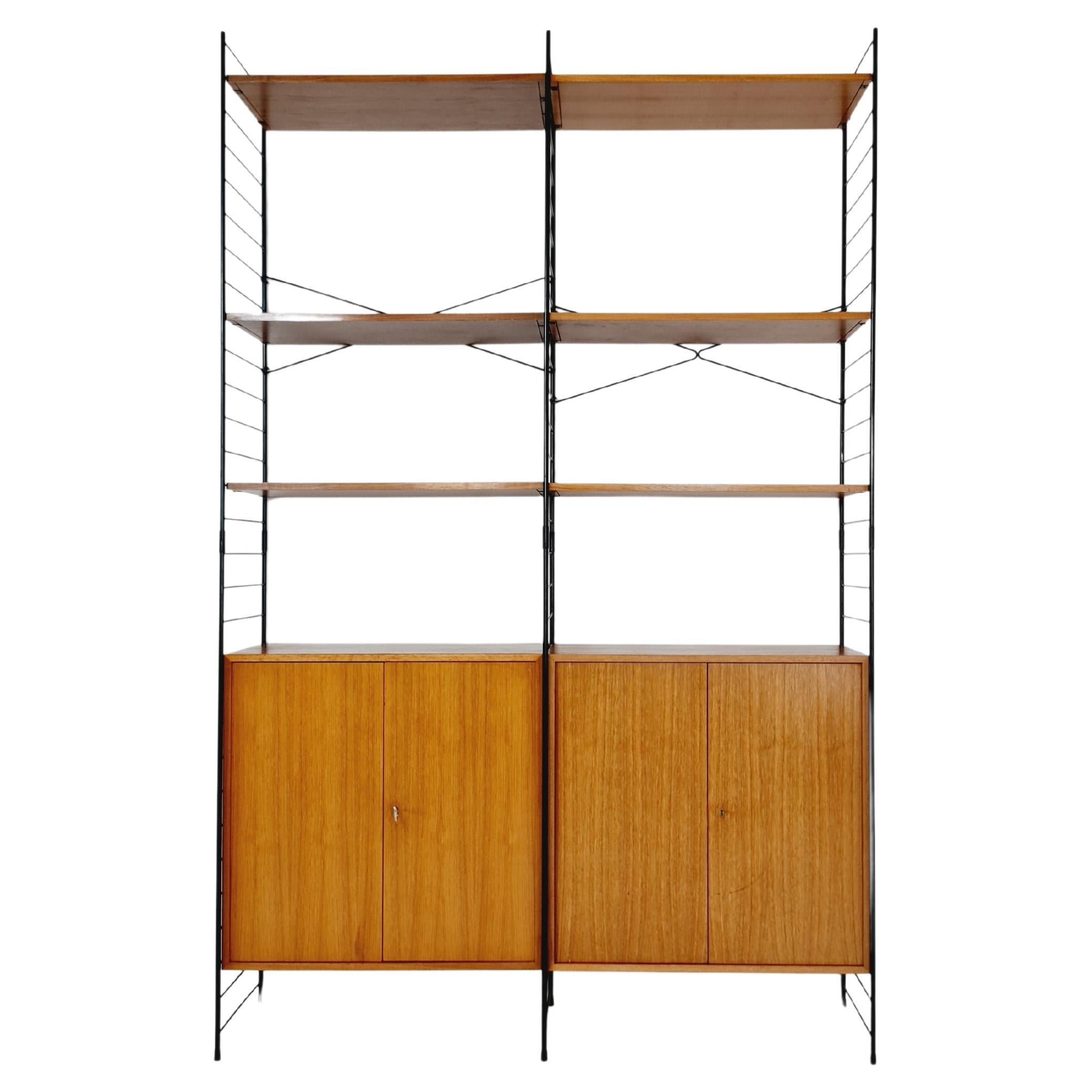 Free Standing String Shelving System, Teak Bookcase with Cabinet by Whb Germany