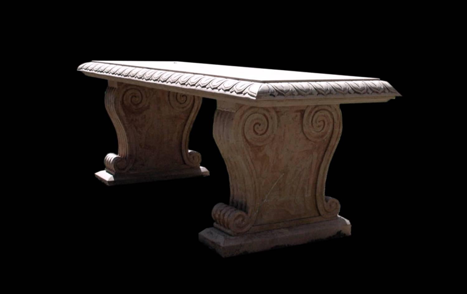 ROSSO VERONA MARBLE BENCH<br />
Rosso Verona marble Neo-Classical style Italian bench with egg and dart molding and scroll bracket supports, two available, priced per item. Height: 22.5” Length 62.5” Depth 22.5”