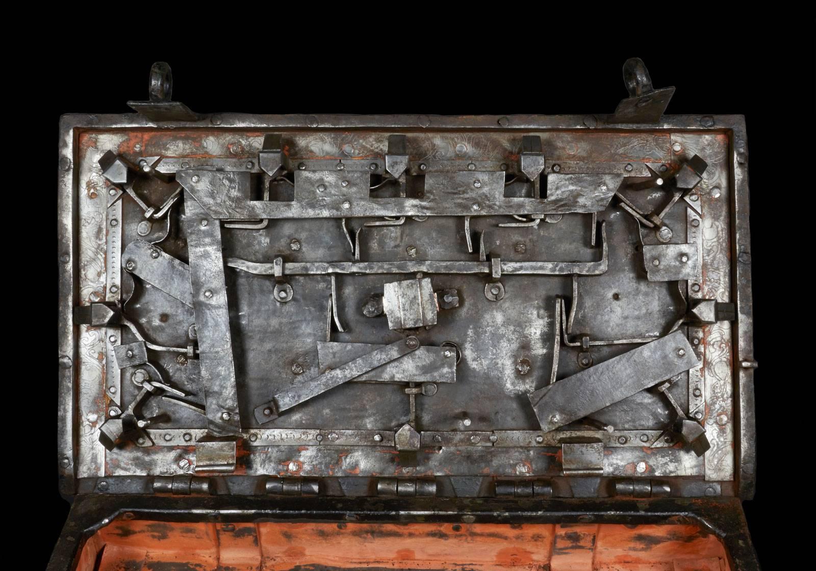18th Century and Earlier 17th Century Iron Trunk with Locking Mechanism For Sale