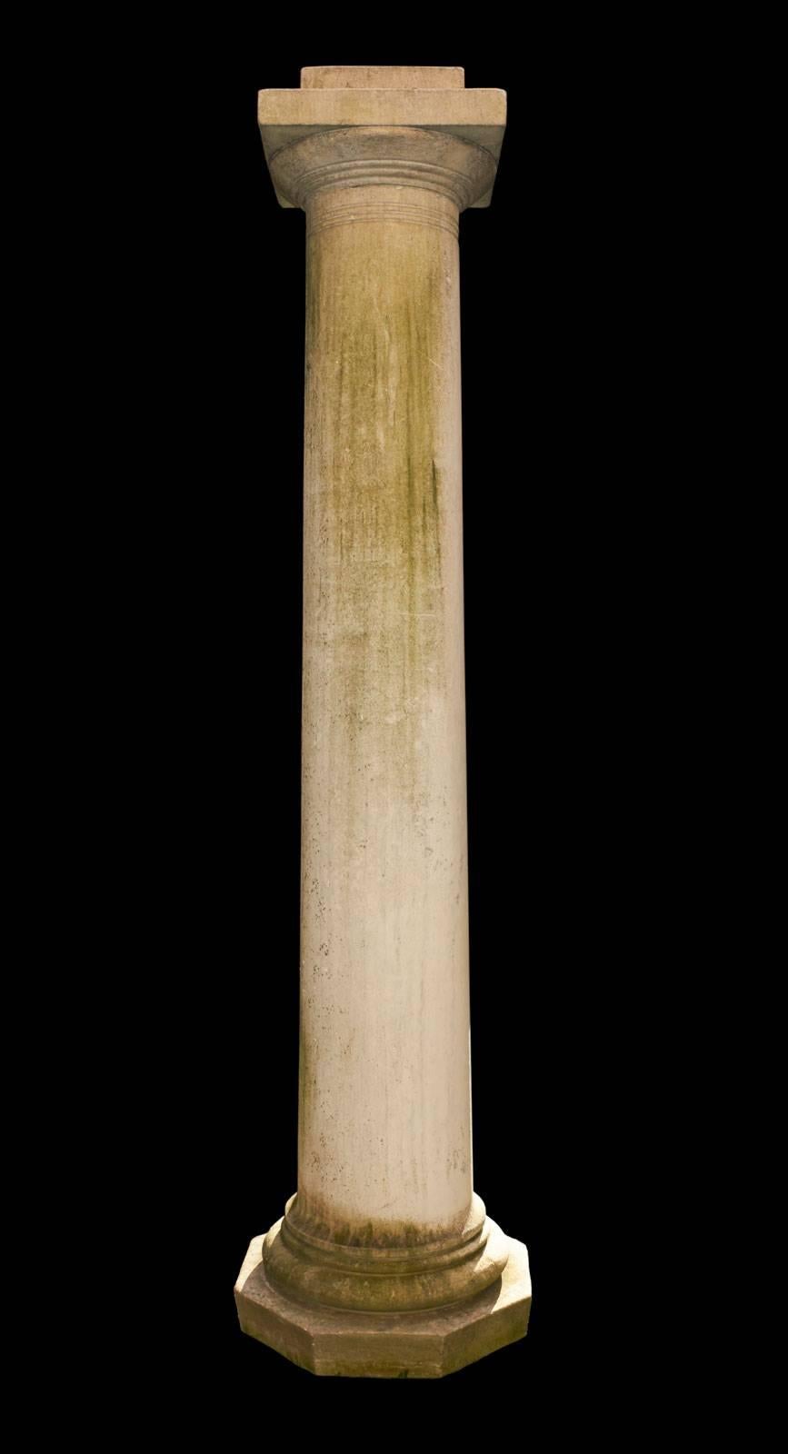 Fabulous pair of marble columns, designed by Frederick Law Olmsted for the Walter Jennings' estate known as Burrwood in Cold Spring harbor, NY. Slightly tapered with exceptional and unique base and capital. Fabulous aged patina.