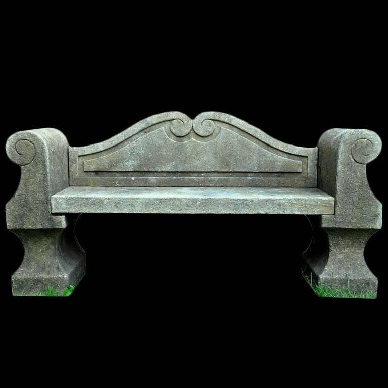 Italian, hand-carved limestone bench made in the style of an 18th century design with scrolled supports and back. Priced individually.