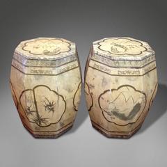 Rare Pair of Cream Lacquer Chinese Export Garden Seats