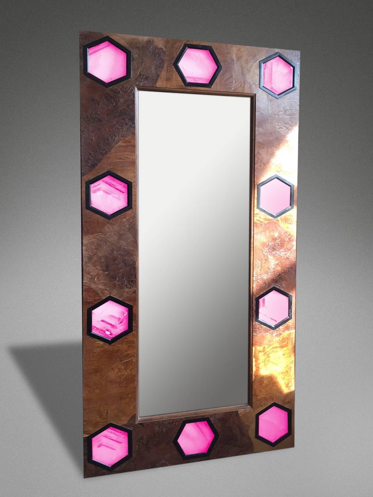 20th Century 1930s Style Mirror with Rare Veneers and Solid Quartz Hexagonal Plaques For Sale