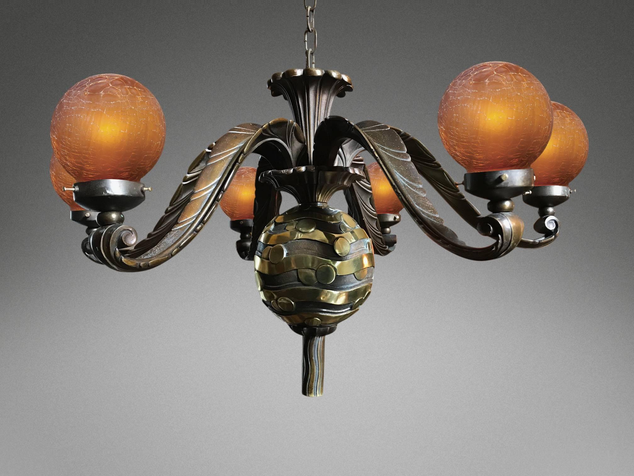 Bronze and gilt bronze six branch chandelier, Paris, circa 1920s-1930s.
