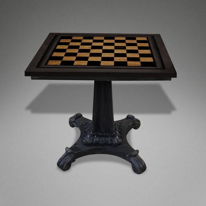 Chess table, Anglo-Indian
19th century solid ebony table legs.
Two options for the top-ebony and satinwood and ebony and jack wood (both made to order).