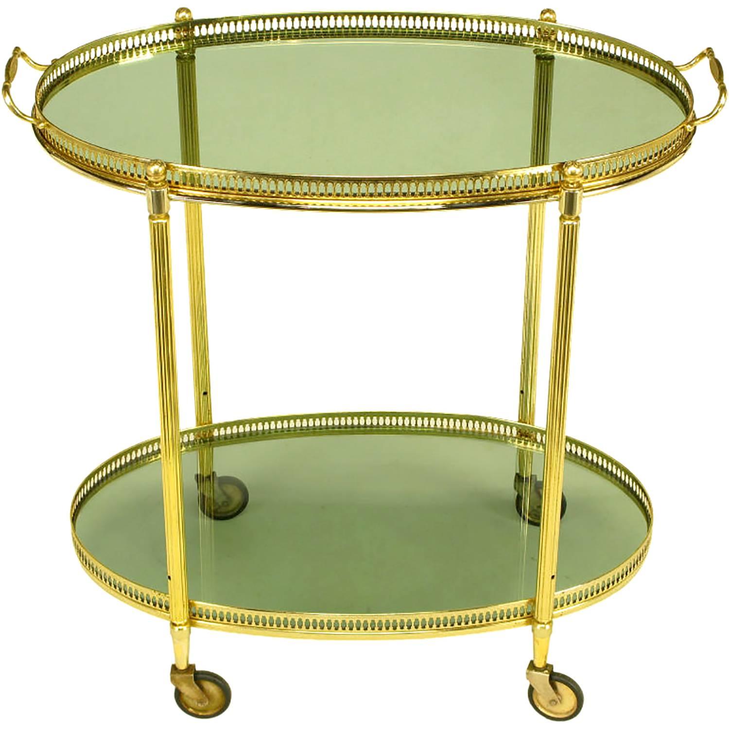 Pierced and Reeded Brass Two-Tier Oval Tray-Top Bar Cart