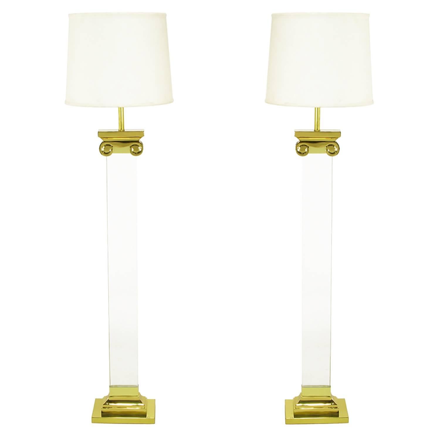 Pair Lucite and Brass Neoclassical Ionic Column Floor Lamps