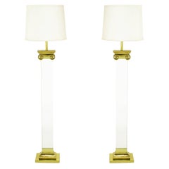 Pair Lucite and Brass Neoclassical Ionic Column Floor Lamps