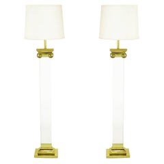 Pair Lucite and Brass Neoclassical Ionic Column Floor Lamps