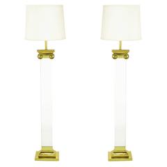 Pair Lucite and Brass Neoclassical Ionic Column Floor Lamps