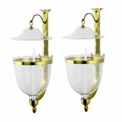 Pair of Large Sarreid Large Handblown Glass and Brass Hurricane Sconces